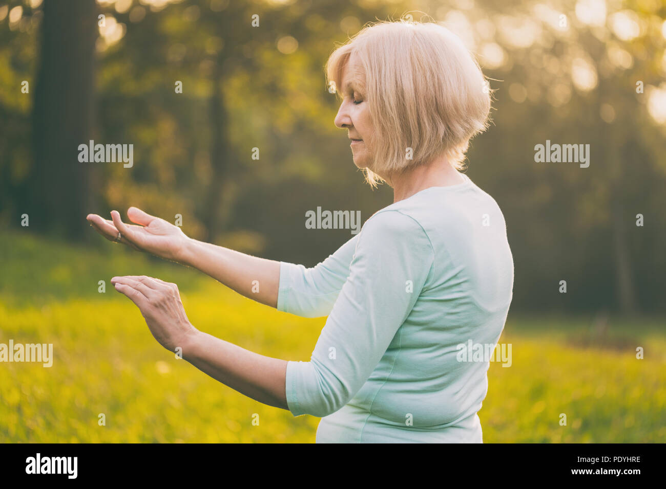 Ältere Frau genießt Übung Tai Chi in der Natur. Bild ist absichtlich abgeschwächt. Stockfoto