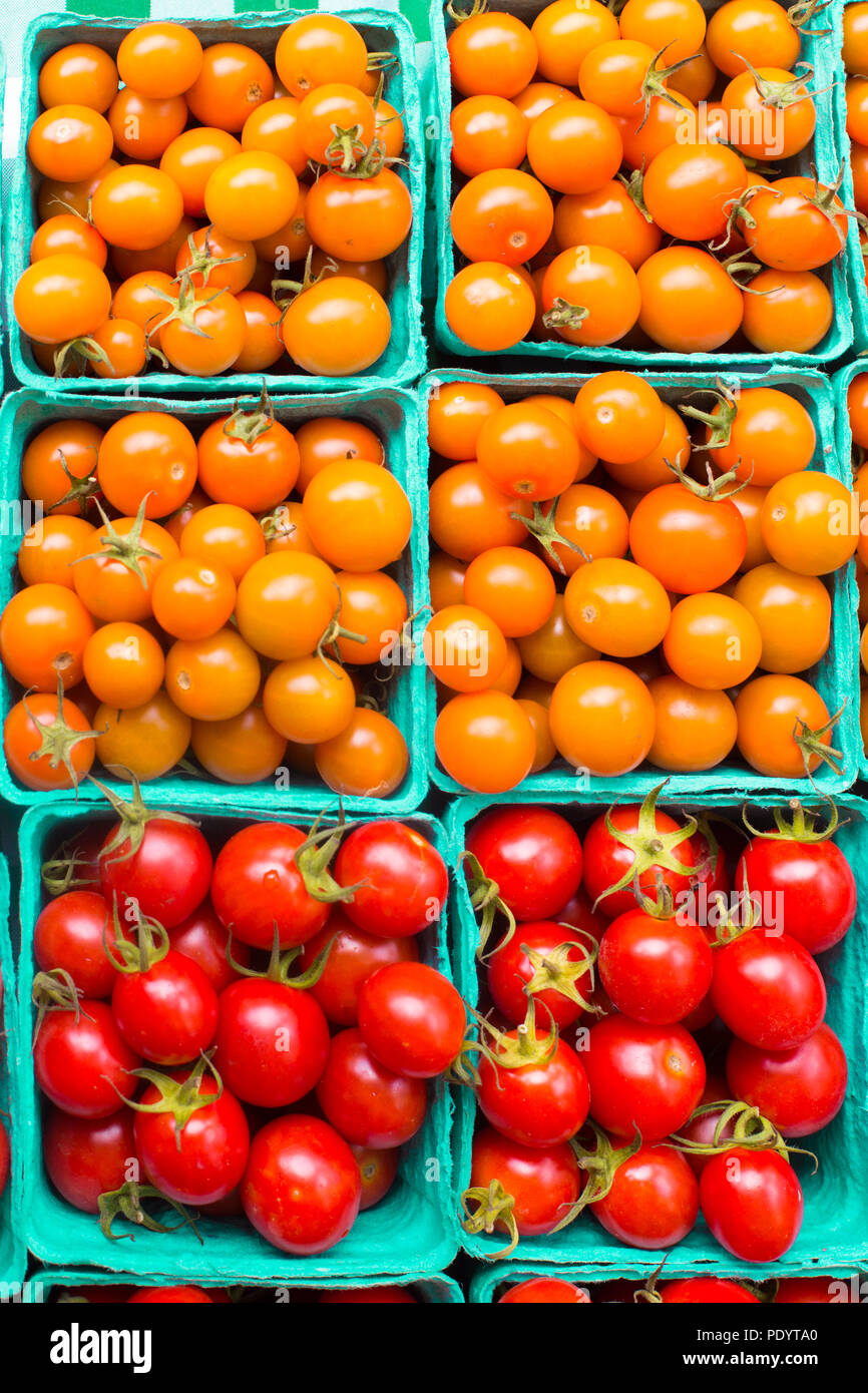 Kartons von Orange und Rot Vielzahl von Reifen Kirschtomaten auf Display Stockfoto