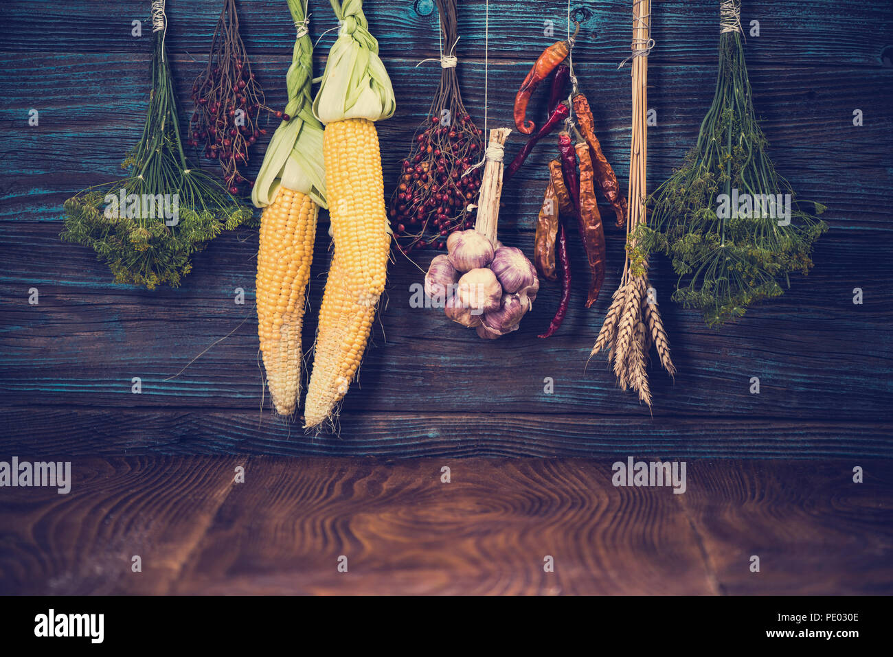 Herbst Gemüse Ernte hängen auf Holz- wand. Stockfoto