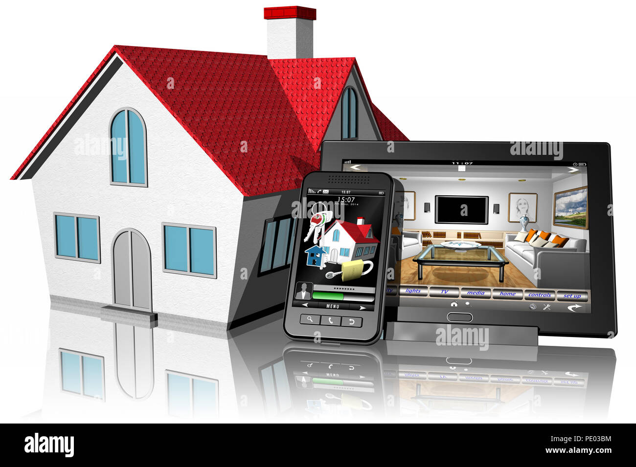 3D-Darstellung. Smartphone und Tablet mit Domotica Anwendungen. Home Automation Stockfoto