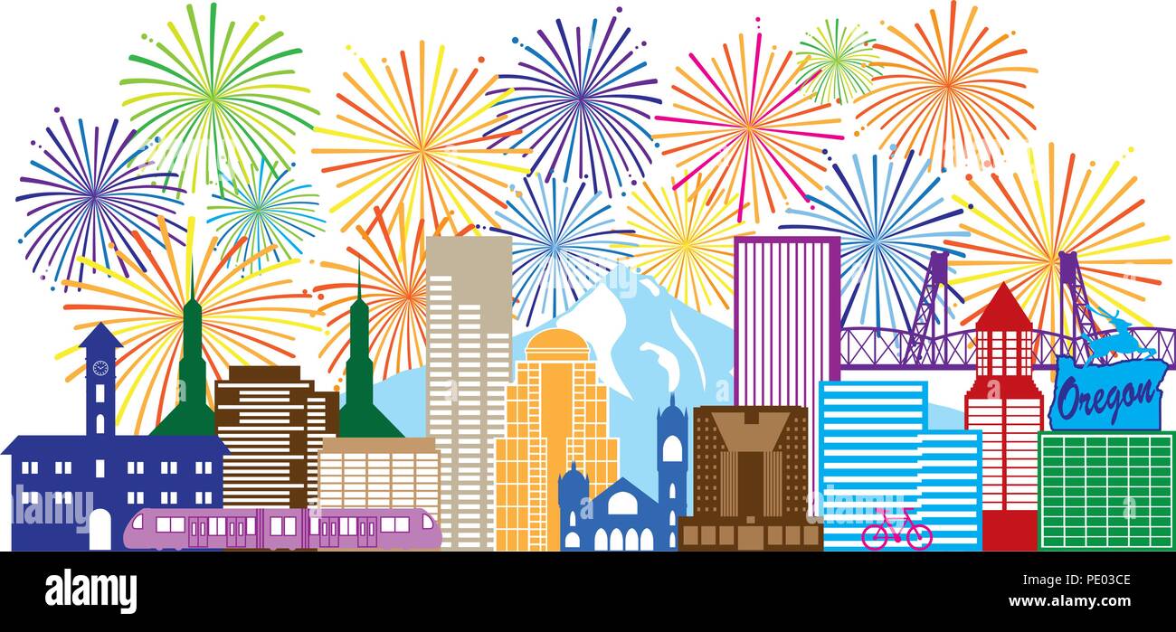 Portland Oregon Umrisse Silhouette mit Sicht auf die City Skyline der Innenstadt Panorama und Feuerwerk isoliert auf weißem Hintergrund Abbildung Stock Vektor