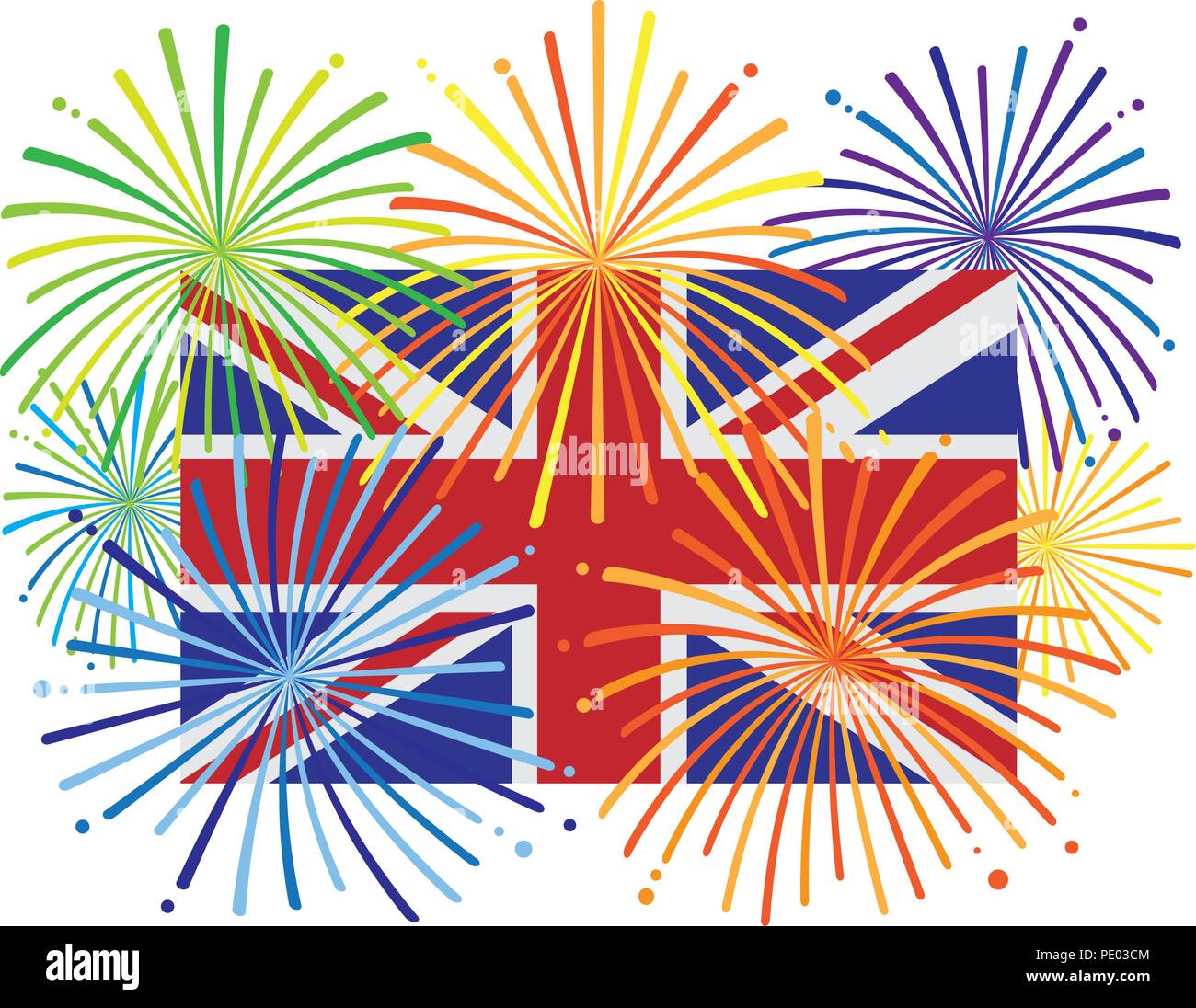 Großbritannien England Jack Union Flag mit Feuerwerk Farbe Abbildung: Stock Vektor