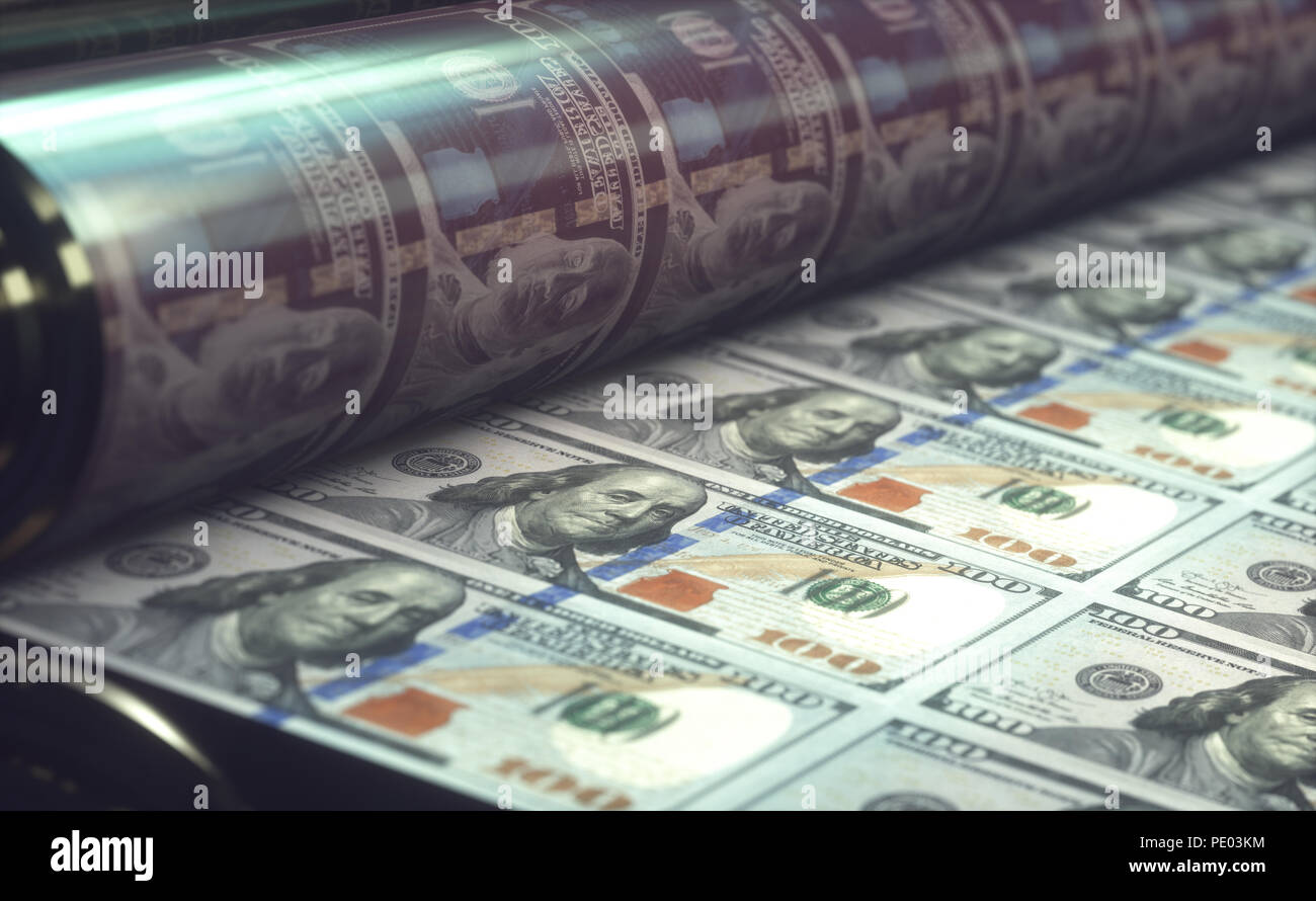 Drucken US-Dollarnoten. Konzept der Vereinigten Staaten, Kauf und Verkauf von Banknoten in den weltweit. Global Finance und Business. Stockfoto