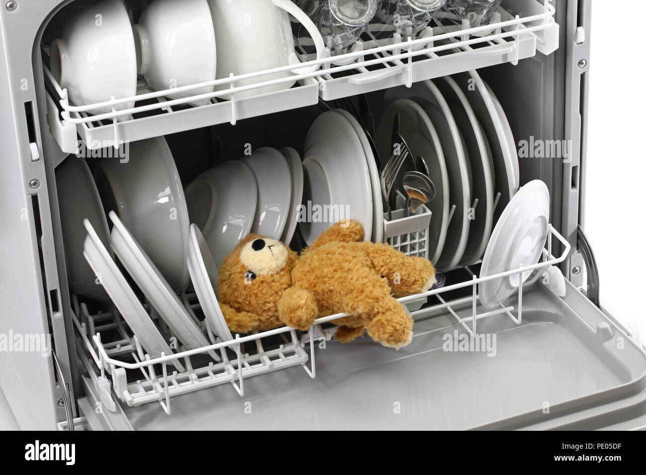 Teddybär sollte nie in der Spülmaschine Stockfoto