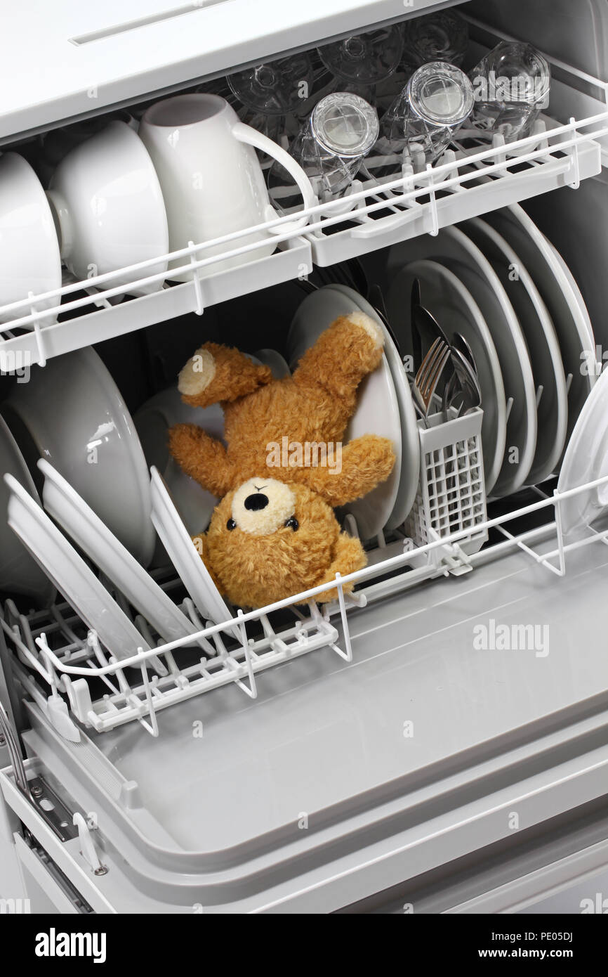 Teddybär sollte nie in der Spülmaschine Stockfoto