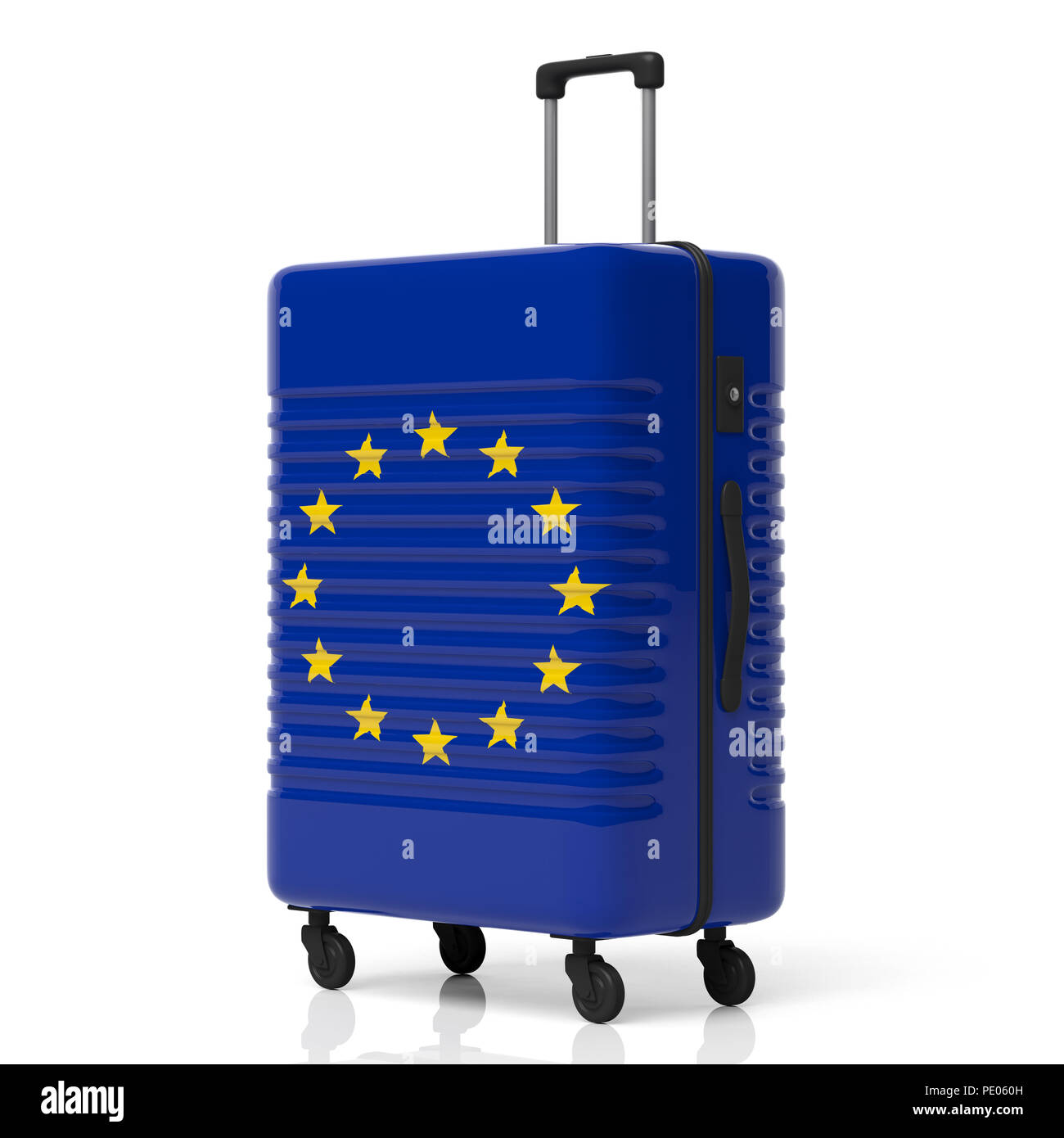 EU Reiseziel Konzept. Fahne der Europäischen Union Koffer auf weißem Hintergrund. 3D-Darstellung Stockfoto