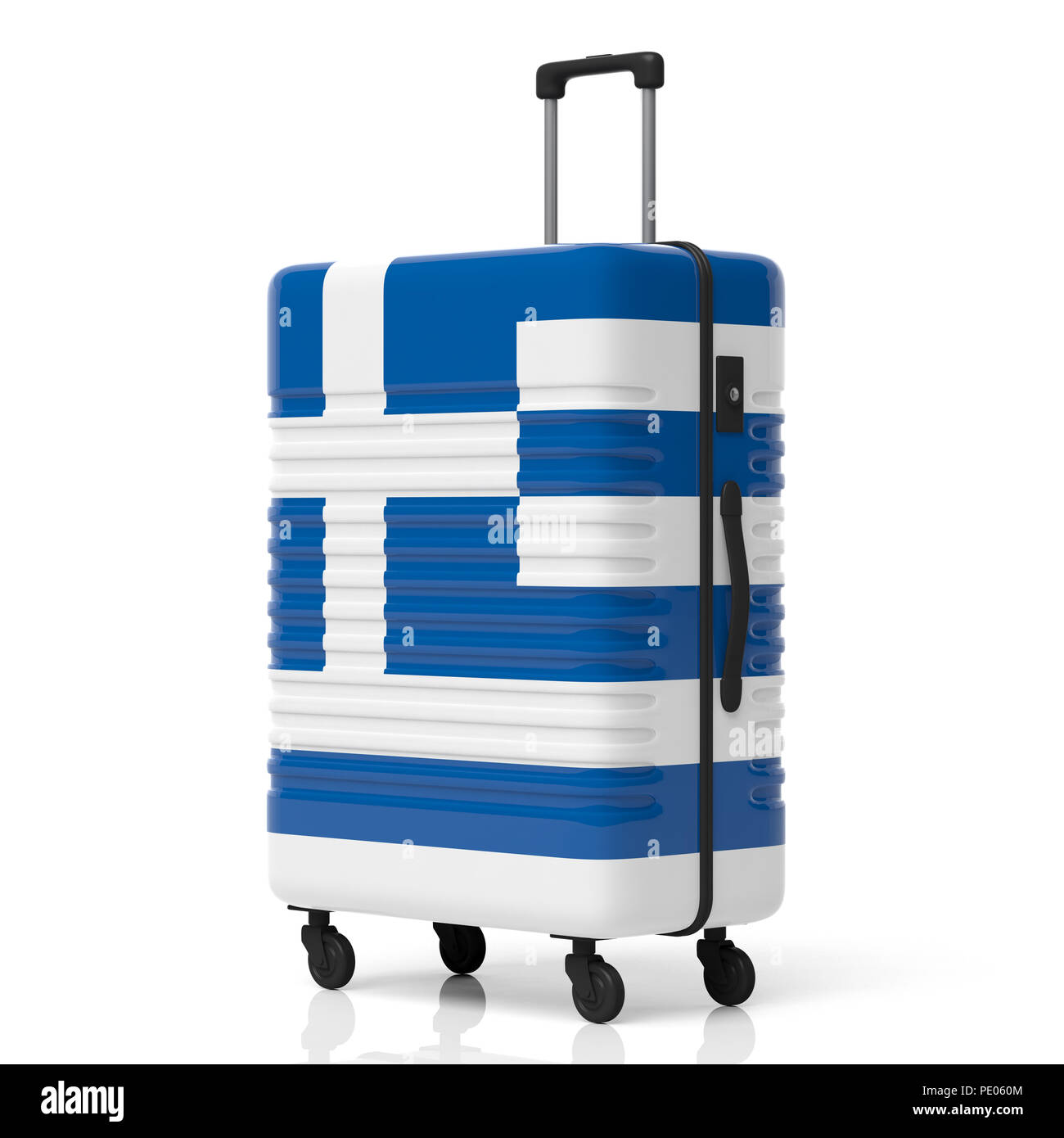 Griechenland Reiseziel Konzept. Griechische Flagge Koffer auf weißem Hintergrund. 3D-Darstellung Stockfoto