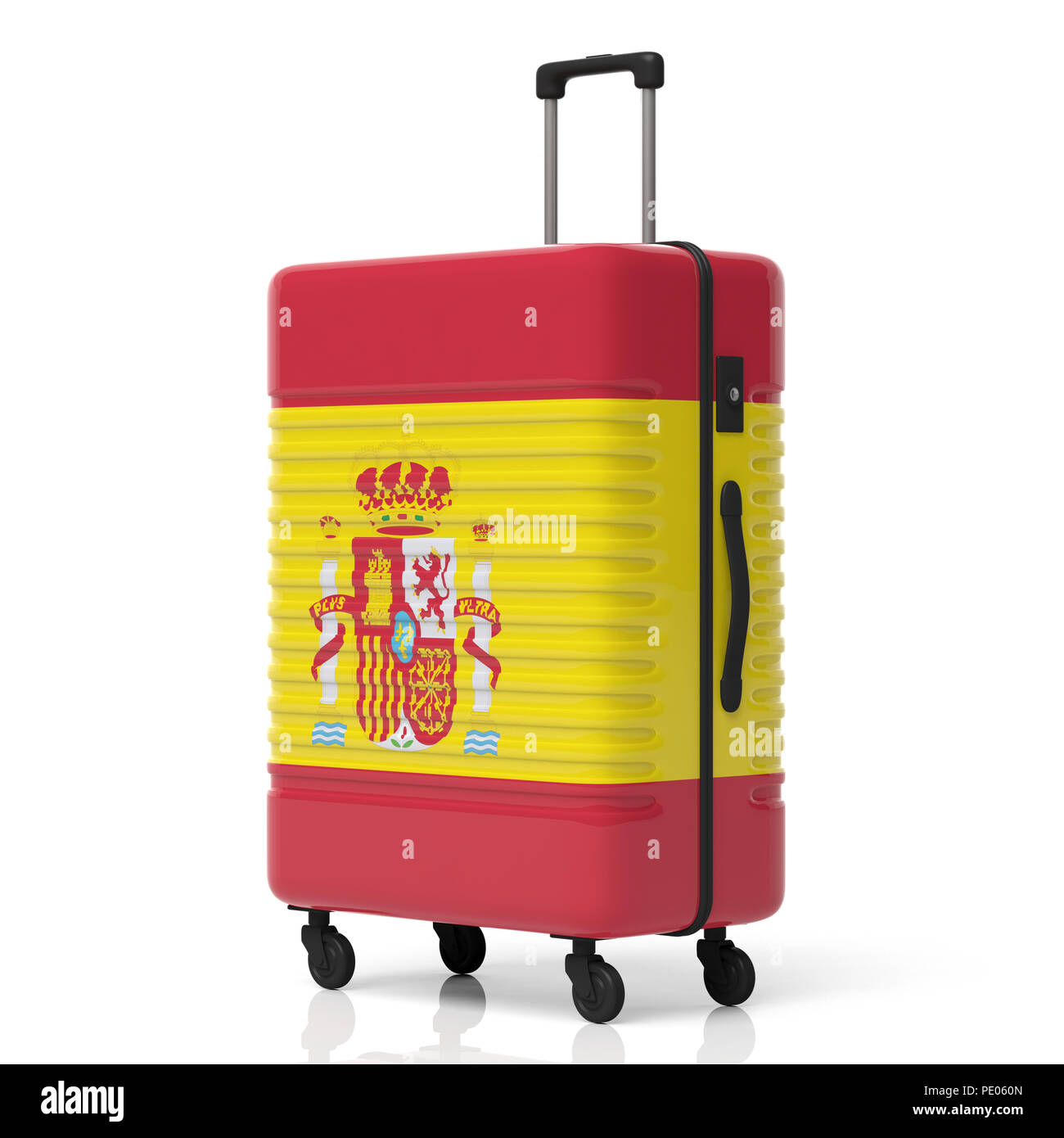 Spanien Reiseziel Konzept. Spanische Flagge Koffer auf weißem Hintergrund. 3D-Darstellung Stockfoto
