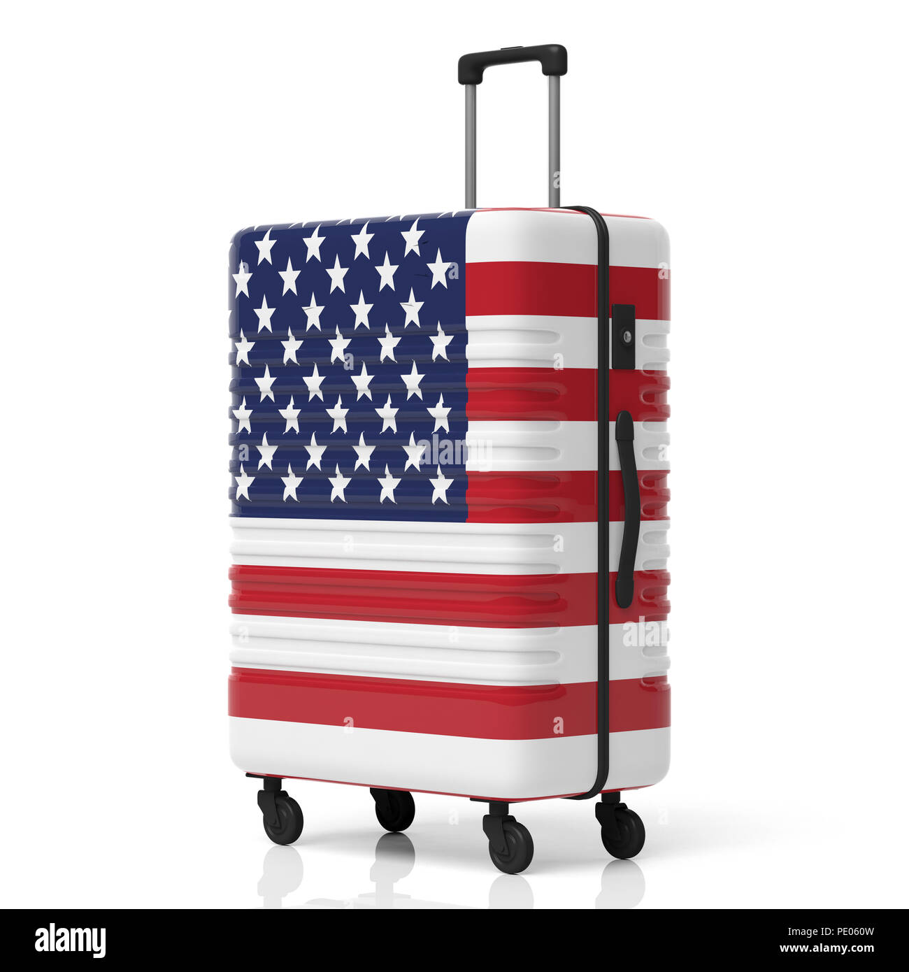 USA Reiseziel Konzept. Uns von Amerika Flagge Koffer auf weißem Hintergrund. 3D-Darstellung Stockfoto
