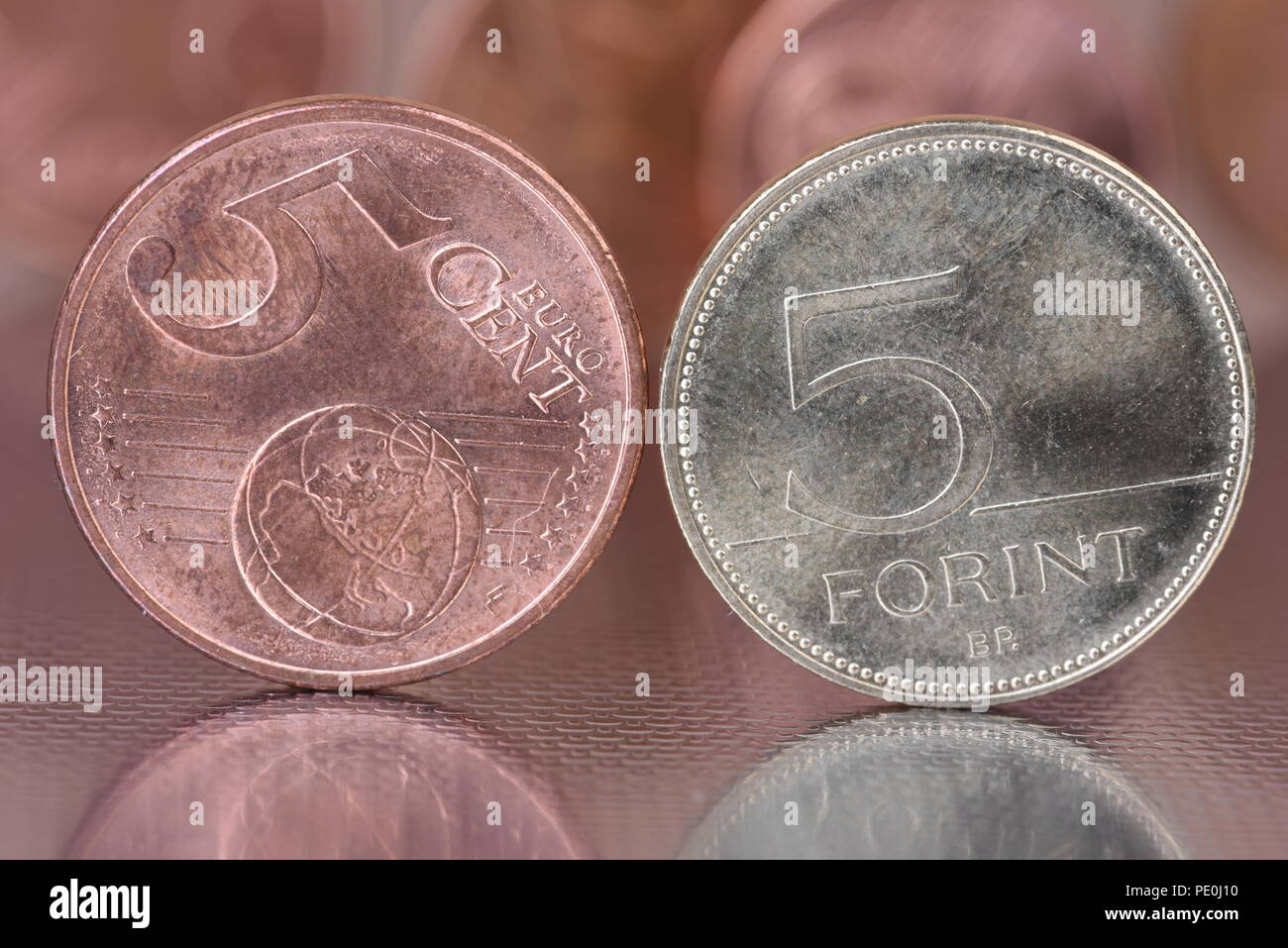 5 Forint und Euro Cent Münze Rückwärts Stockfoto