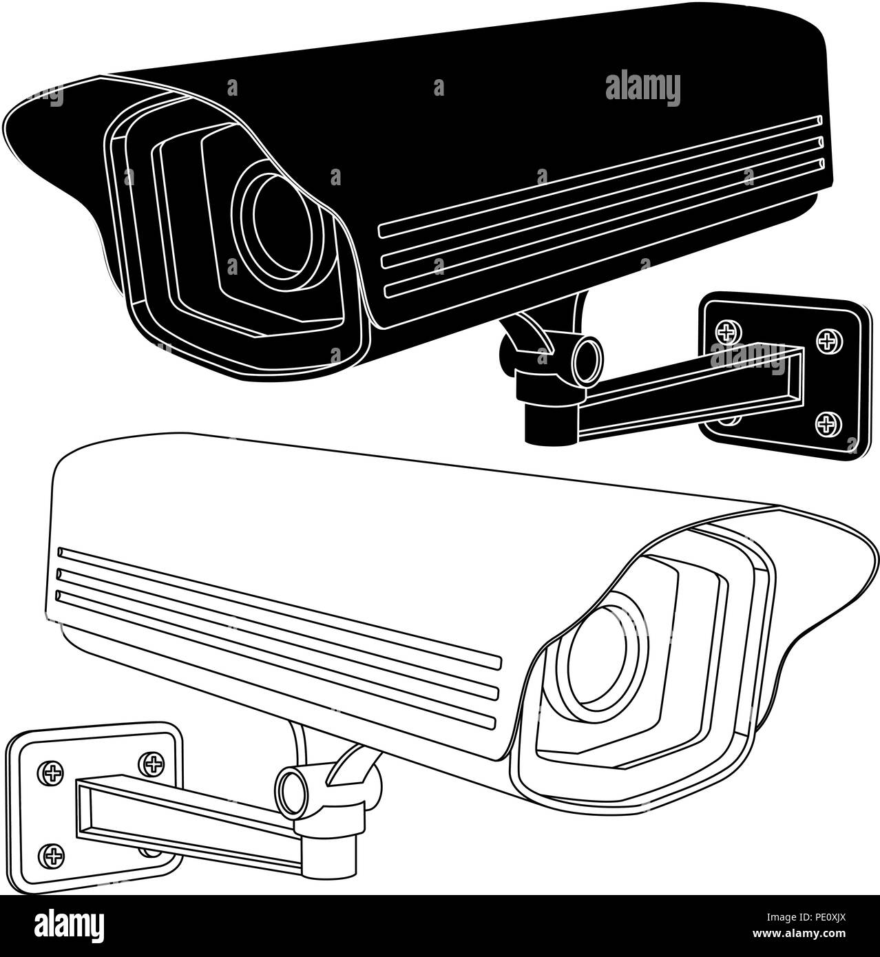 CCTV-Kamera. Schwarz und weiss Strichzeichnungen Stock Vektor