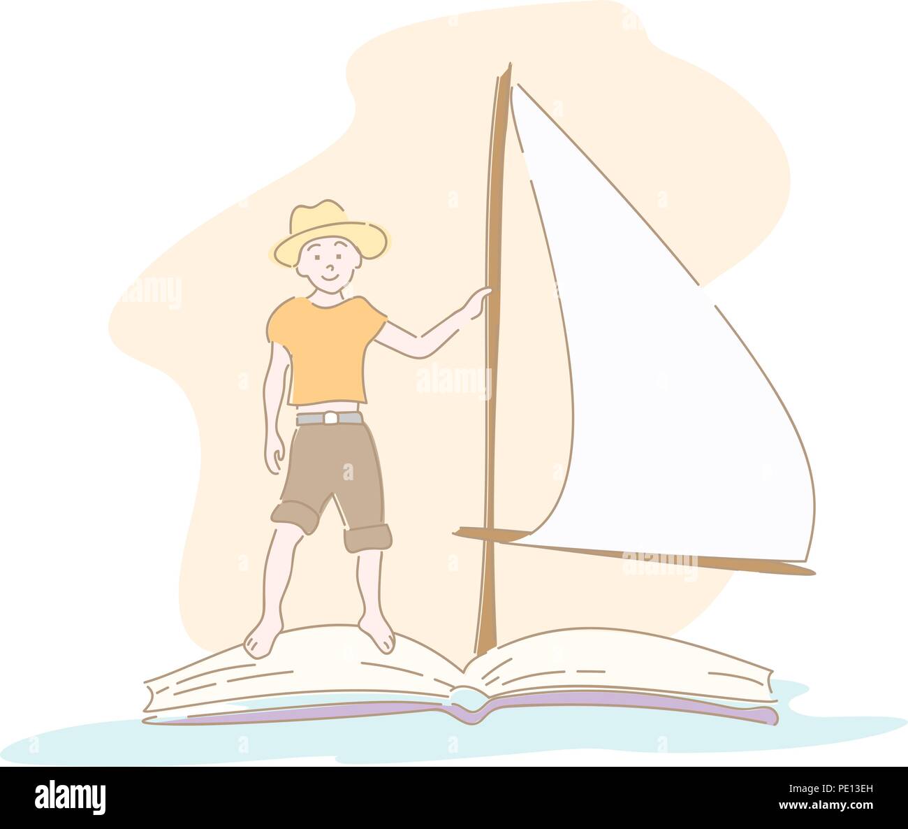 Junge schwimmend auf Buch mit Segeln. Hand Stil doodle Design gezeichnet. Vector Illustration Stock Vektor