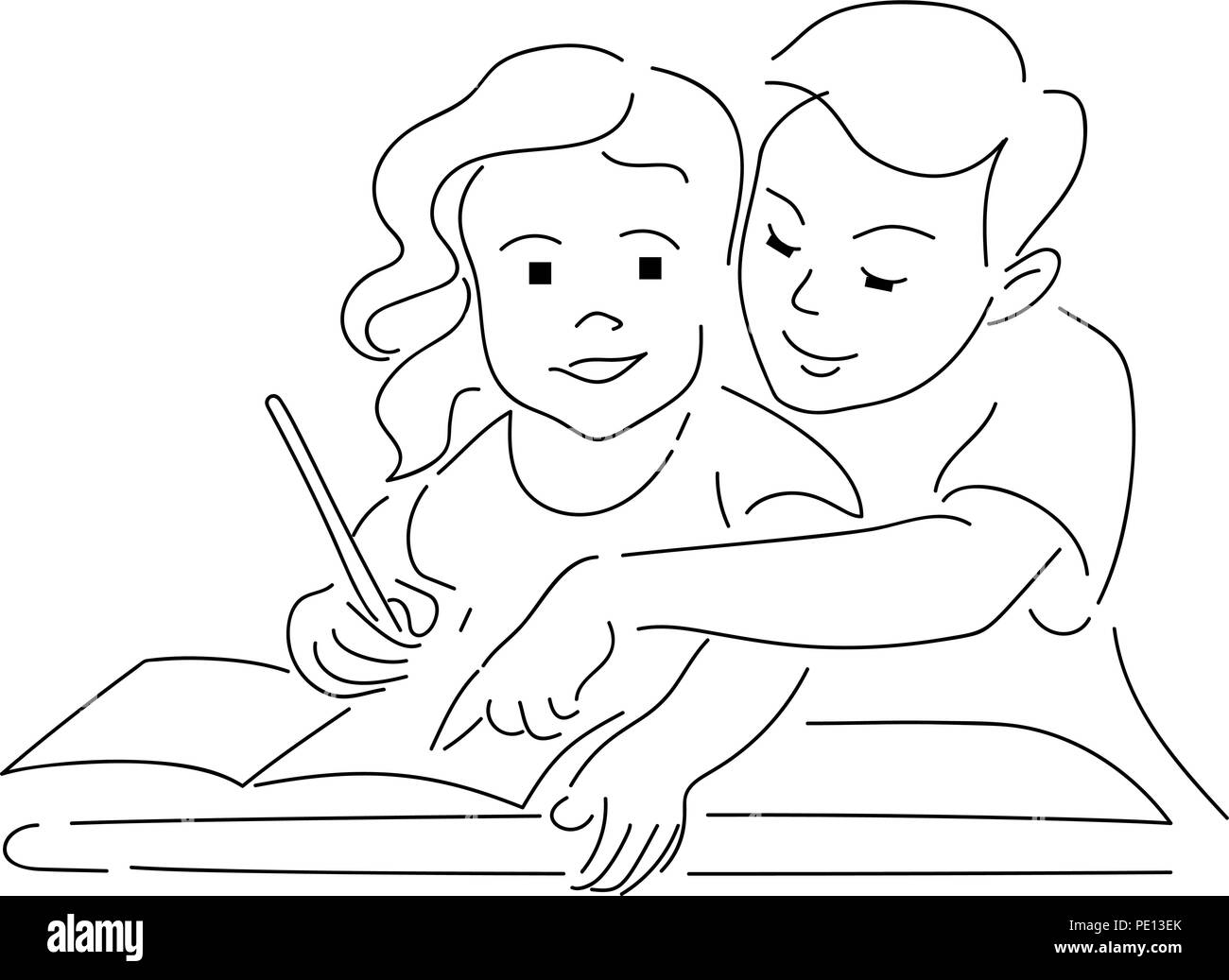 Zwei Kinder Zeichnung auf grosse Buch. Hand Stil doodle Design gezeichnet. Vector Illustration Stock Vektor