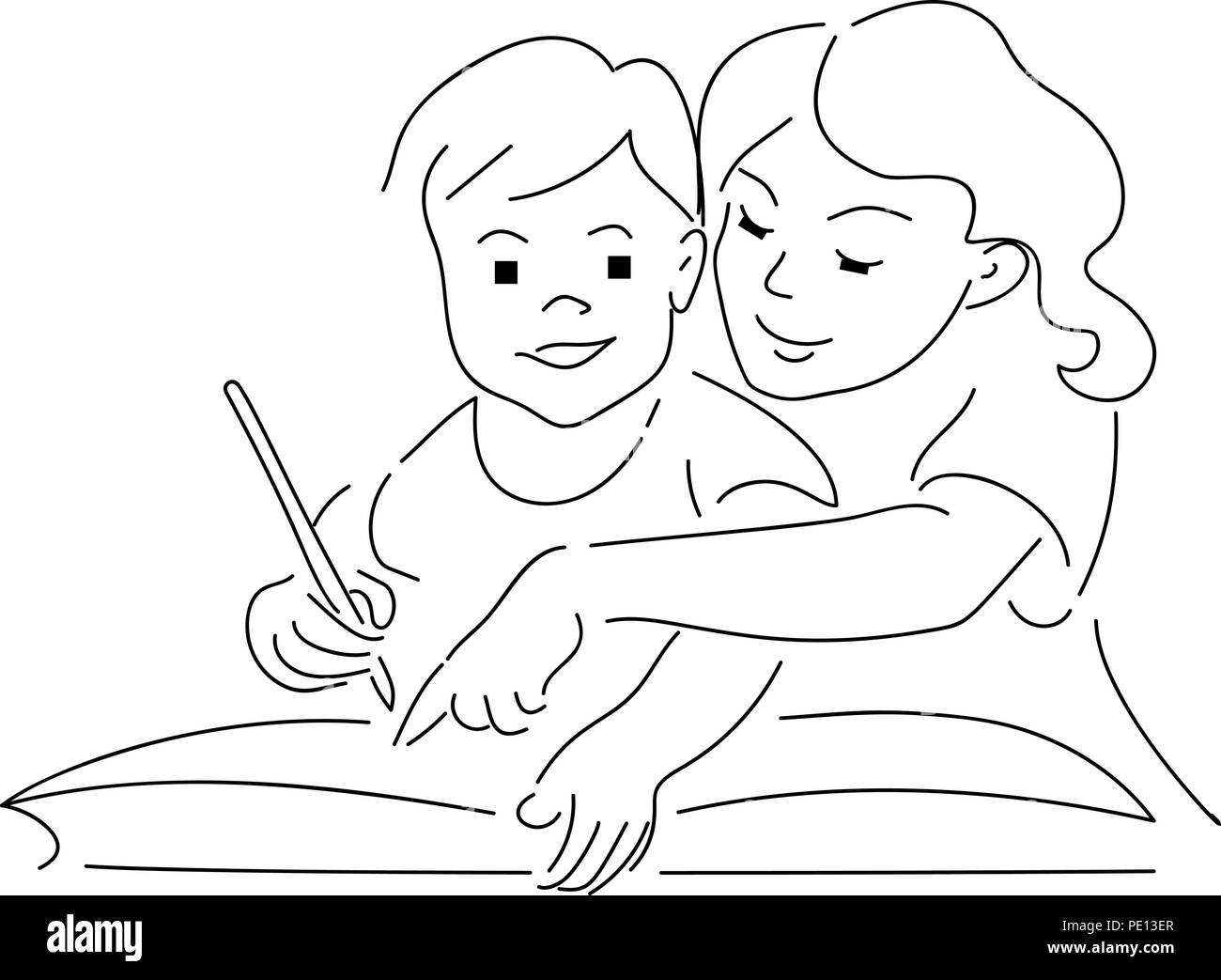 Zwei Kinder Zeichnung auf grosse Buch. Hand Stil doodle Design gezeichnet. Vector Illustration Stock Vektor