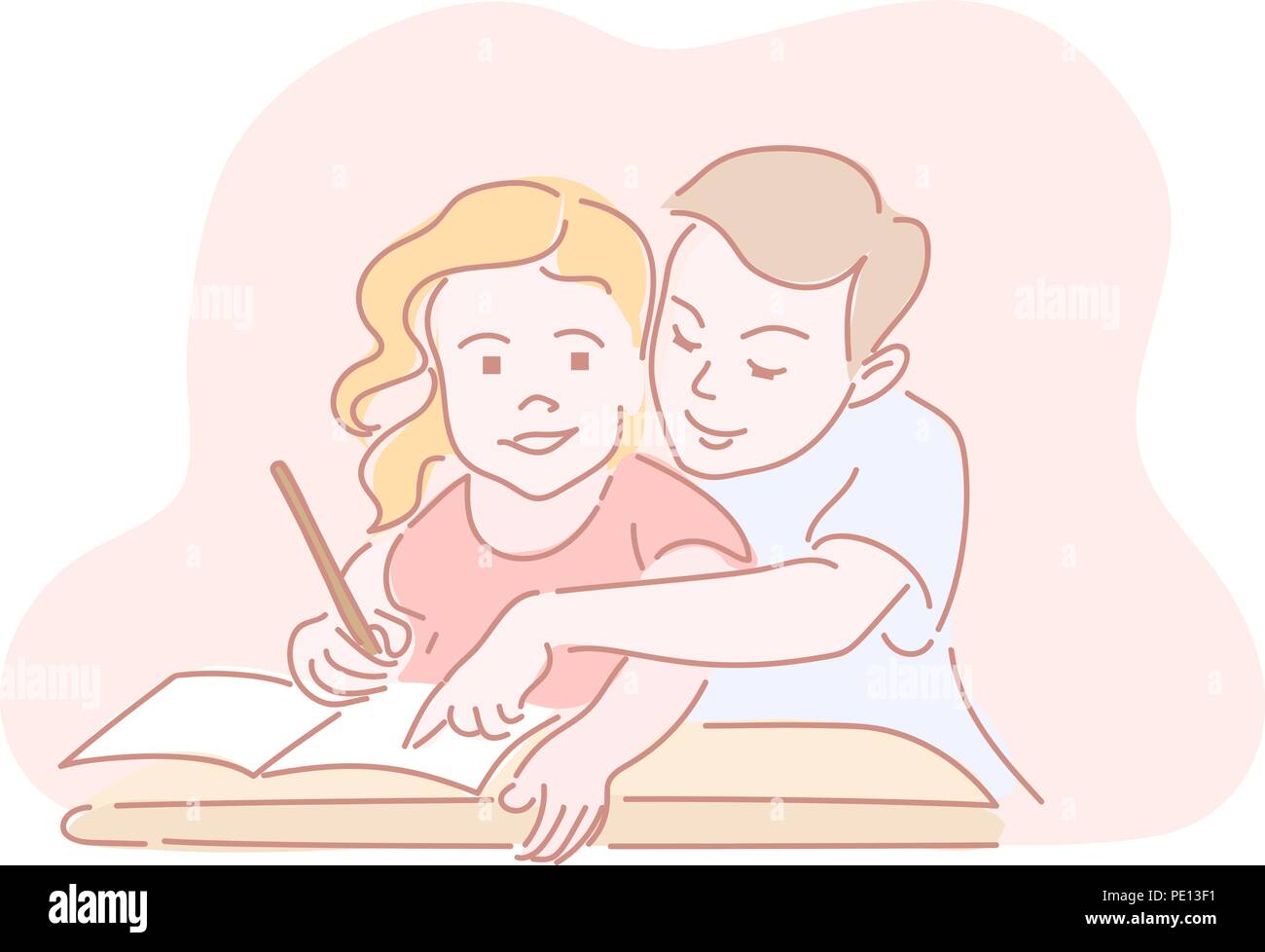 Zwei Kinder schreiben Hausaufgaben im Arbeitsblatt. Hand Stil doodle Design gezeichnet. Vector Illustration Stock Vektor