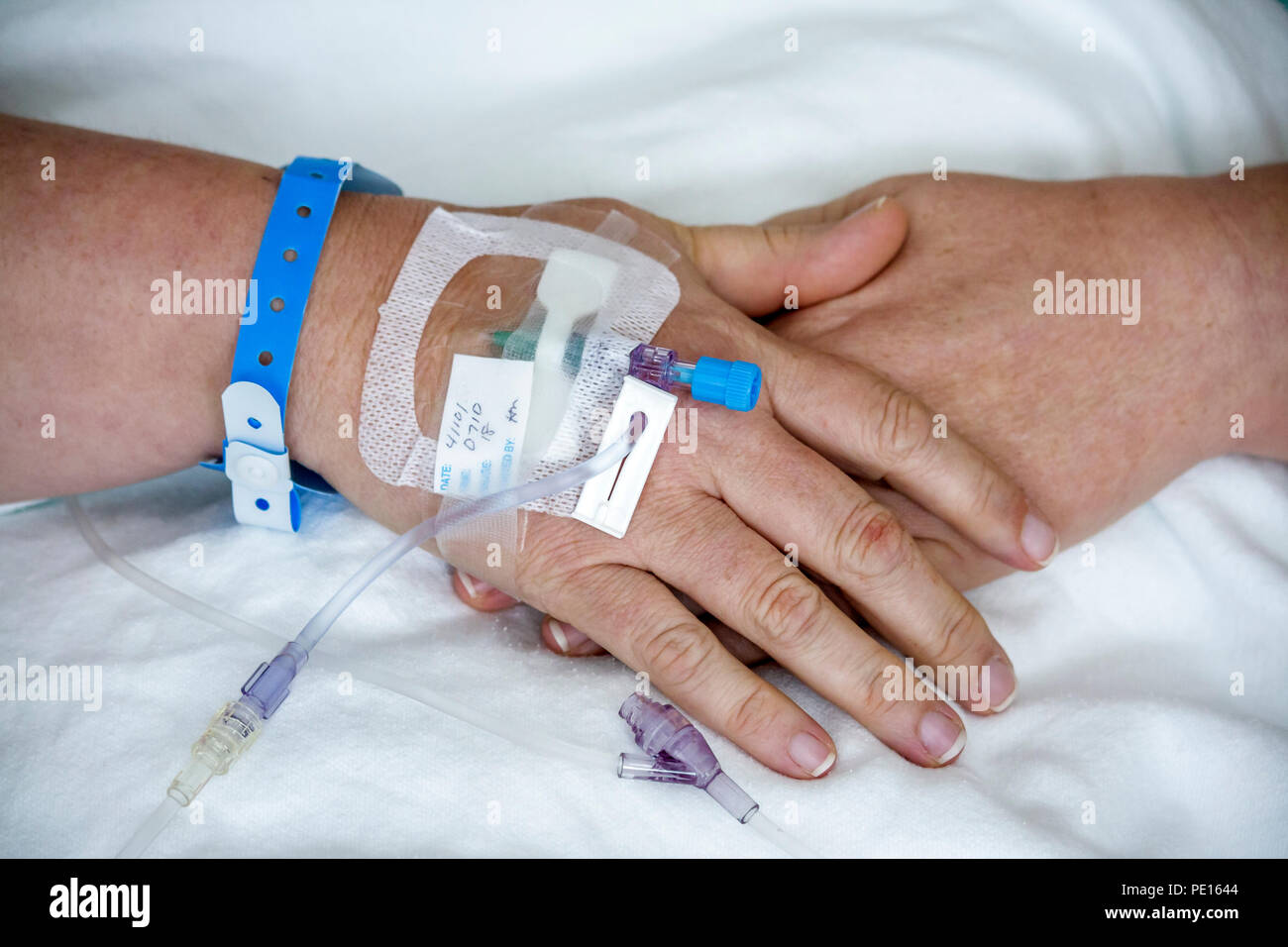 Miami Florida, University of Miami, Doctor's Hospital, Gesundheitswesen, Erwachsene Erwachsene Frau Frauen weibliche Dame, Hand, Hände, ID, intravenös, IV, Linie, Schläuche, Nadeln, HE Stockfoto