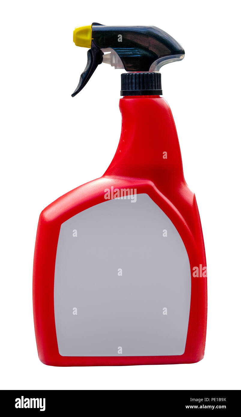 Eine isolierte Rote Plastik Sprühflasche mit ein leeres Etikett für Ihren Text auf weißem Hintergrund Stockfoto