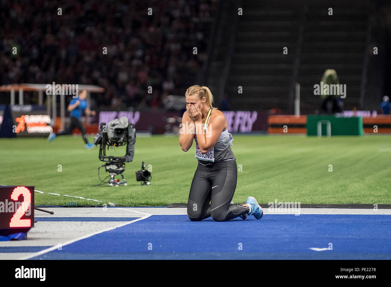 Berlin, Deutschland. 10 Aug, 2018. Gewinner Christin HUSSONG, Deutschland, 1.Platz nach Ihrem letzten Wurf betäubt. Finale Speerwerfen der Frauen werfen, auf 10.08.2018 Europäische Leichtathletik WM 2018 in Berlin/Deutschland vom 06.08. - 12.08.2018. | Verwendung der weltweiten Kredit: dpa/Alamy leben Nachrichten Stockfoto