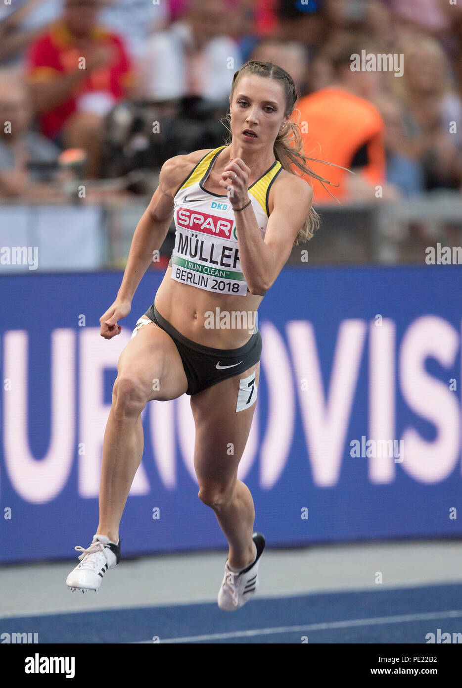 Berlin, Deutschland. 10 Aug, 2018. Laura Mueller (MuÌller), Deutschland, Aktion. Frauen Halbfinale 200m, auf 10.08.2018 Europäische Leichtathletik WM in Berlin 2018/Deutschland vom 06.08. - 12.08.2018. | Verwendung der weltweiten Kredit: dpa/Alamy leben Nachrichten Stockfoto