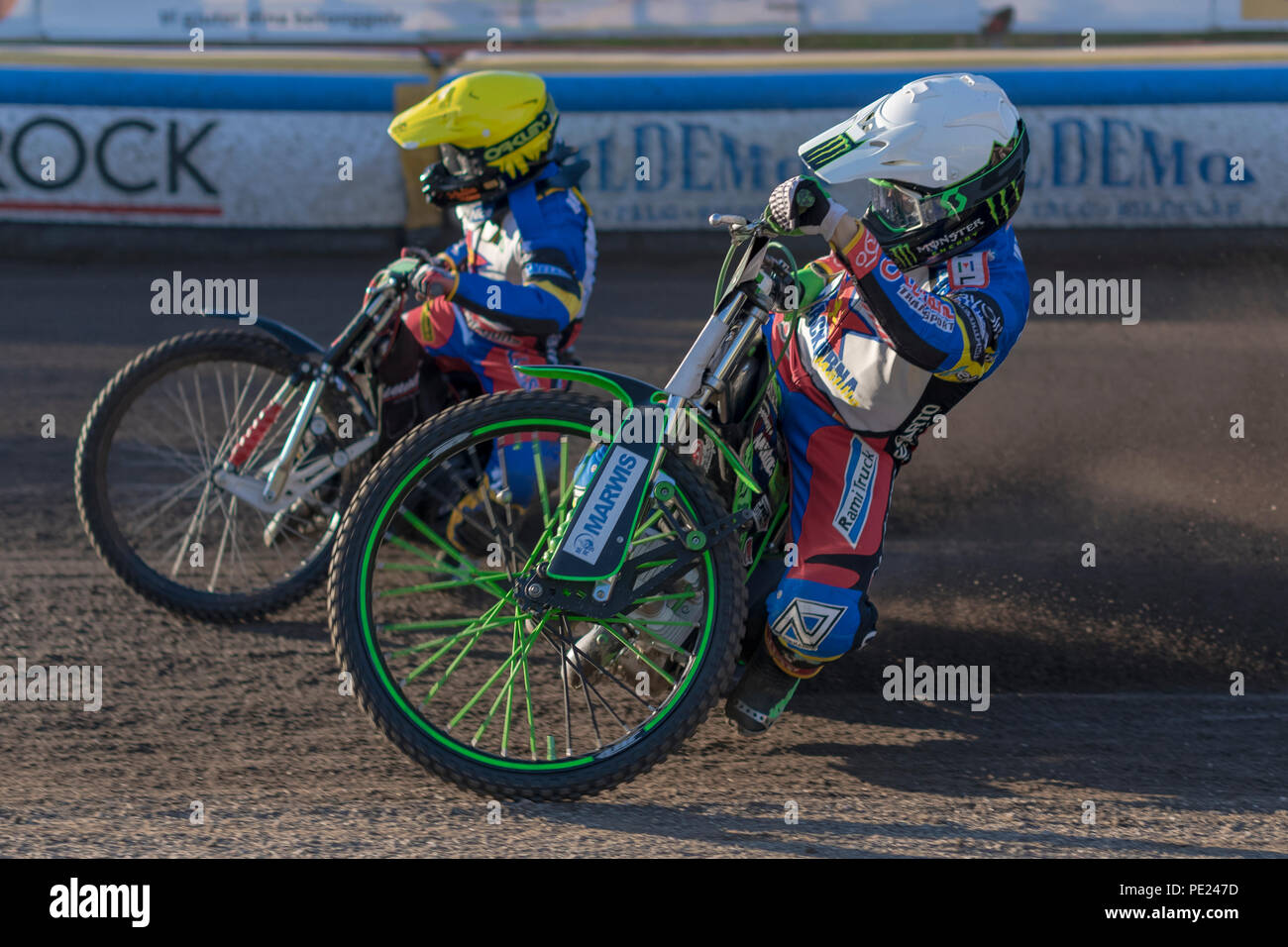 HALLSTAVIK, Schweden, 7. AUGUST 2018: die Schwedische Nationale Rennen leauge Elitserien in Speedway zwischen Rospiggarna und Dackarna bei HZ Bygg Arena in Hallstavik. Stockfoto