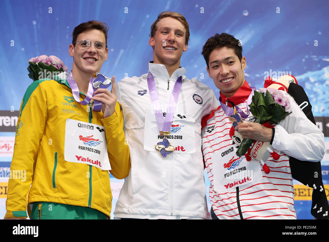 Tokio, Japan. 11 Aug, 2018. (L und R) Larkin Mitchell (AUS), Kalisz Chase Tyler (USA), Kosuke Hagino (JPN) Schwimmen: 2018 Pan Pacific Swimming Championships Männer 200 m Individuelle Medley Finale bei den Tatsumi International Swimming Center in Tokio, Japan. Quelle: LBA/Alamy leben Nachrichten Stockfoto