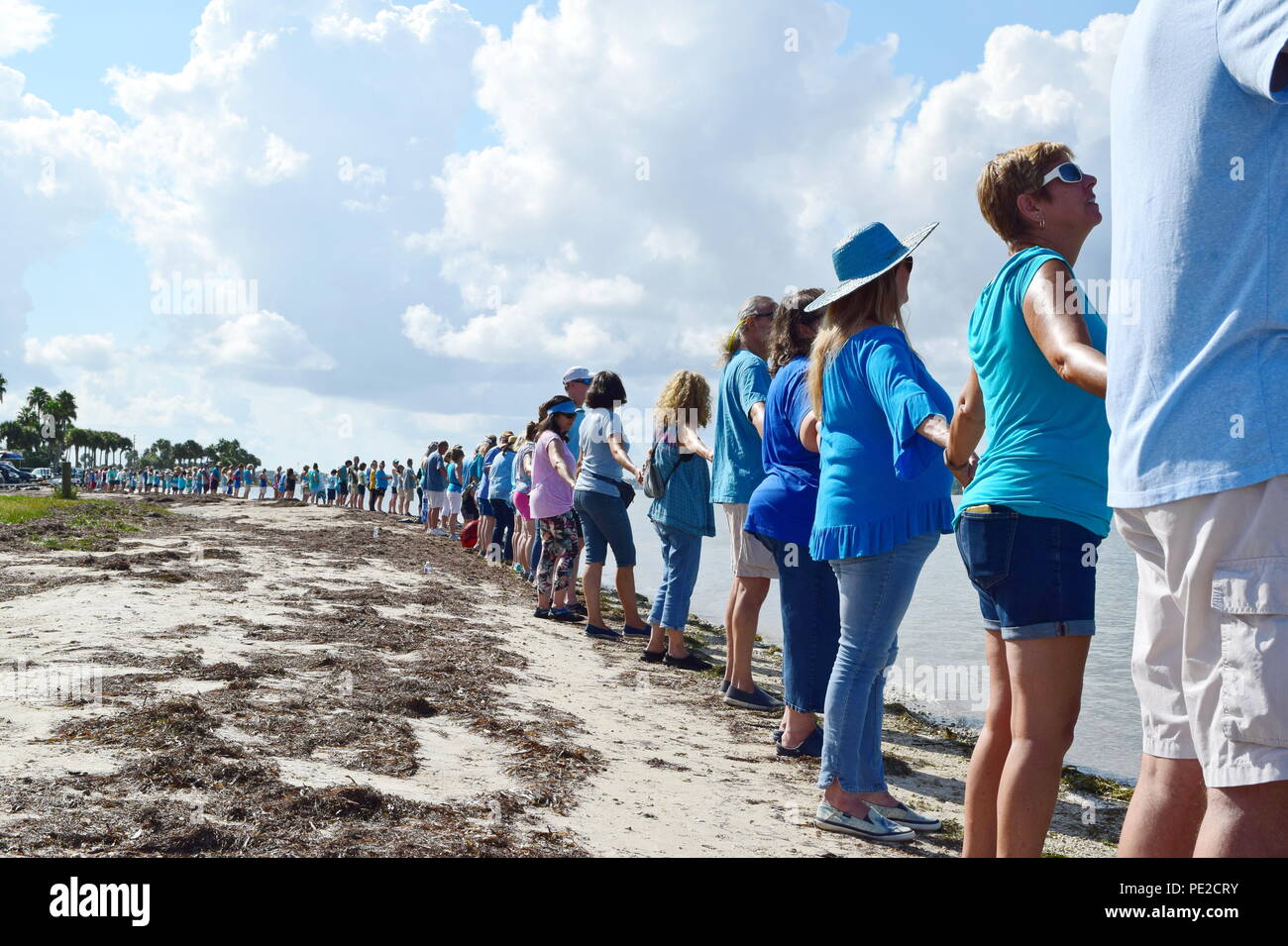 Hände entlang dem Wasser Veranstaltungen in SW Florida Bewusstsein für die Katastrophe von Red Tide und Algen unsere Gewässer zu heben, das Töten von Meerestieren, schädigen die Umwelt und die Gesundheit von Menschen. Stockfoto