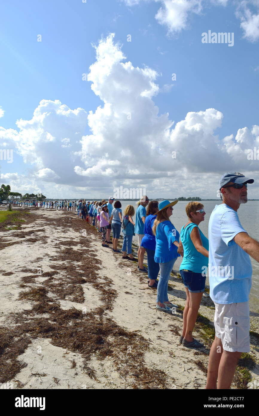 Hände entlang dem Wasser Veranstaltungen in SW Florida Bewusstsein für die Katastrophe von Red Tide und Algen unsere Gewässer zu heben, das Töten von Meerestieren, schädigen die Umwelt und die Gesundheit von Menschen. Stockfoto