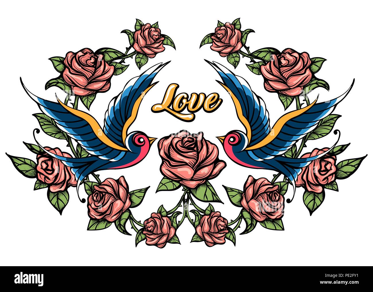 Zwei Vögel und Rosen mit Schriftzug Liebe. Vector Illustration gezeichnet im Tattoo Style. Stock Vektor
