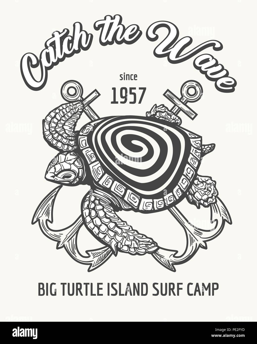 Sea Turtle und gekreuzten Anker mit Wortlaut fangen Sie die Welle. Surf Camp oder Schule Emblem im Retro Stil gezeichnet. Vector Illustration. Stock Vektor