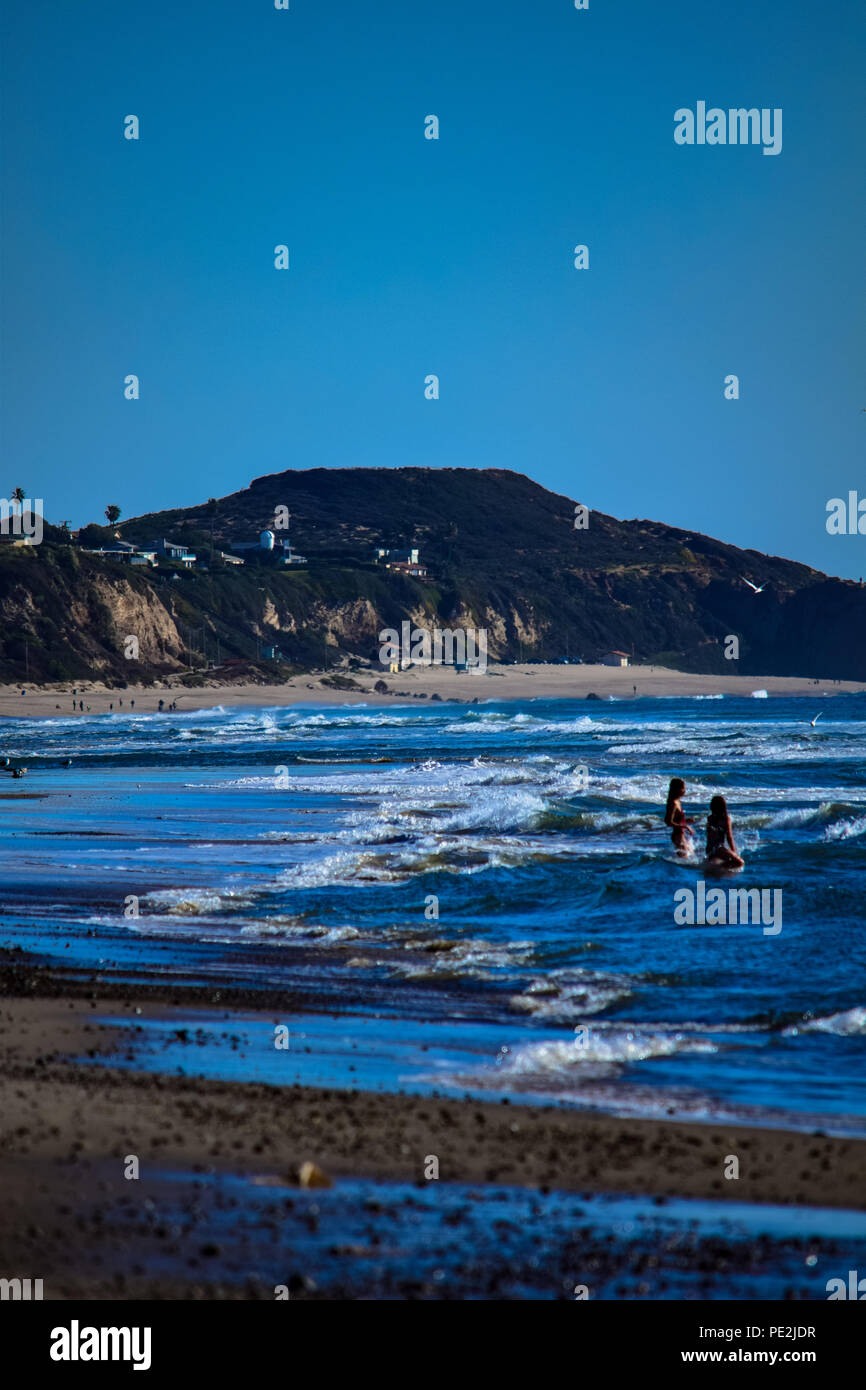 Braune Pelikane im Flug und thront auf den Pazifischen Ozean am Strand in Malibu, Kalifornien Stockfoto