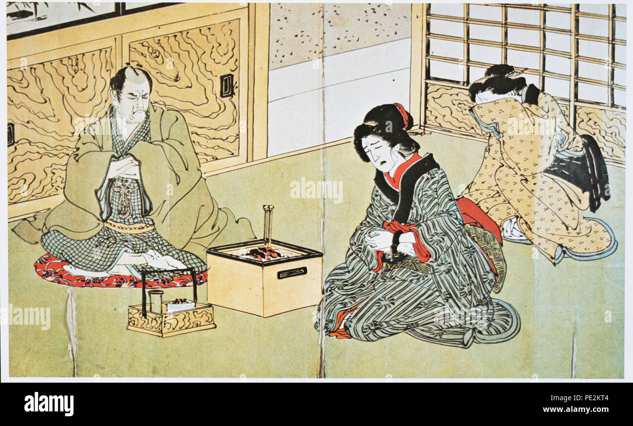 Tokugawa bakuhu keijizufu, in Meiji 26 veröffentlichten (1893), privaten Sammlung. Es Verbrechen und Strafe während der Edo Periode. Untreue Frauen über ihre Eltern mit ihren Armen gebunden, übergeben. Stockfoto