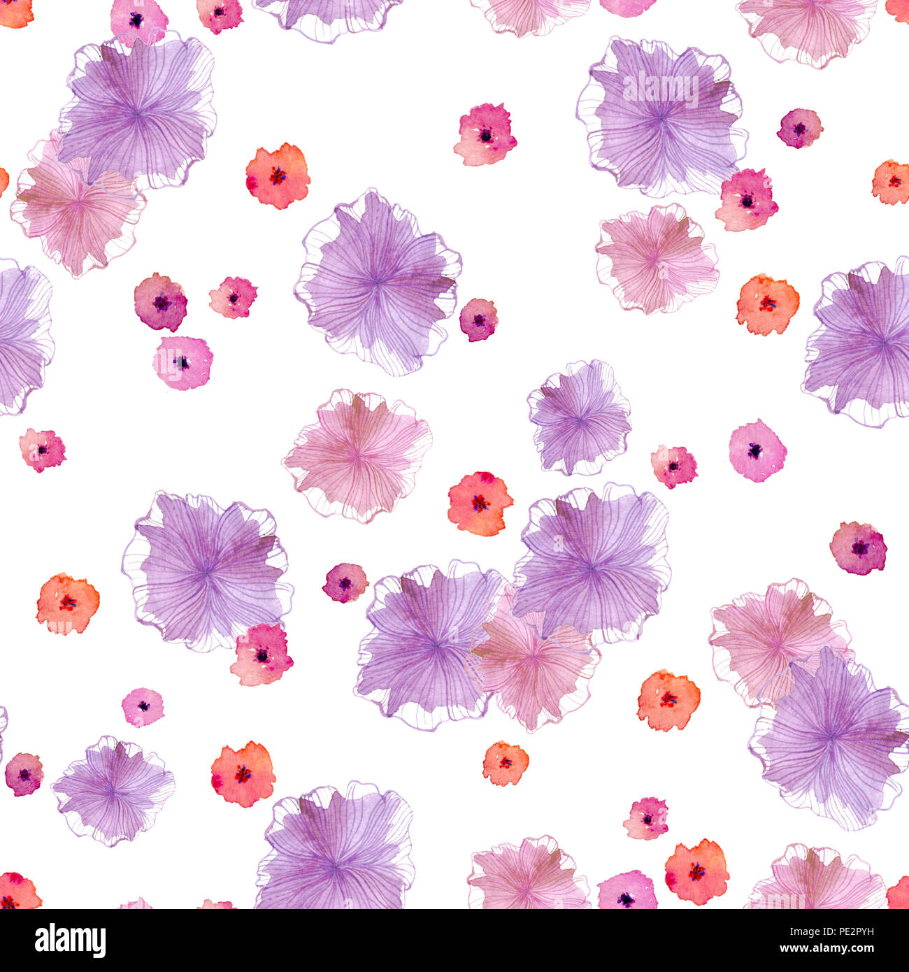 Nahtlose Muster mit abstract pink, violett und lila Blumen auf einem weißen Hintergrund. Es wird mit Hilfe von Aquarell getan. Stockfoto