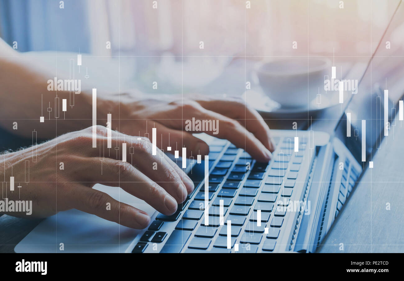 Fintech und finanziellen Business Analytics Konzept, candlestick Chart über Finanzen und Handel Angebote, KPI-Statistiken Stockfoto
