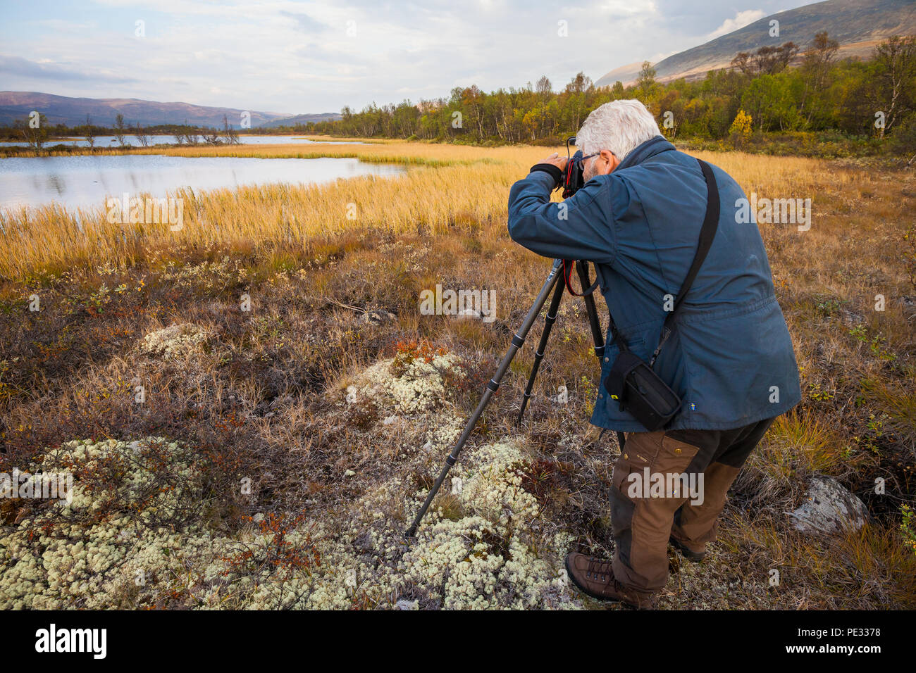 Outdoor Fotografen, die Bilder von der Landschaft am Fokstumyra Nature Reserve, Dovre, Norwegen. Stockfoto
