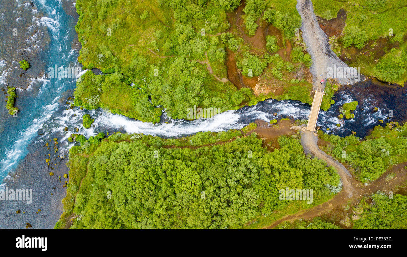 Bruarfoss Wasserfall und Access Bridge, Brekkuskógur, Island Stockfoto