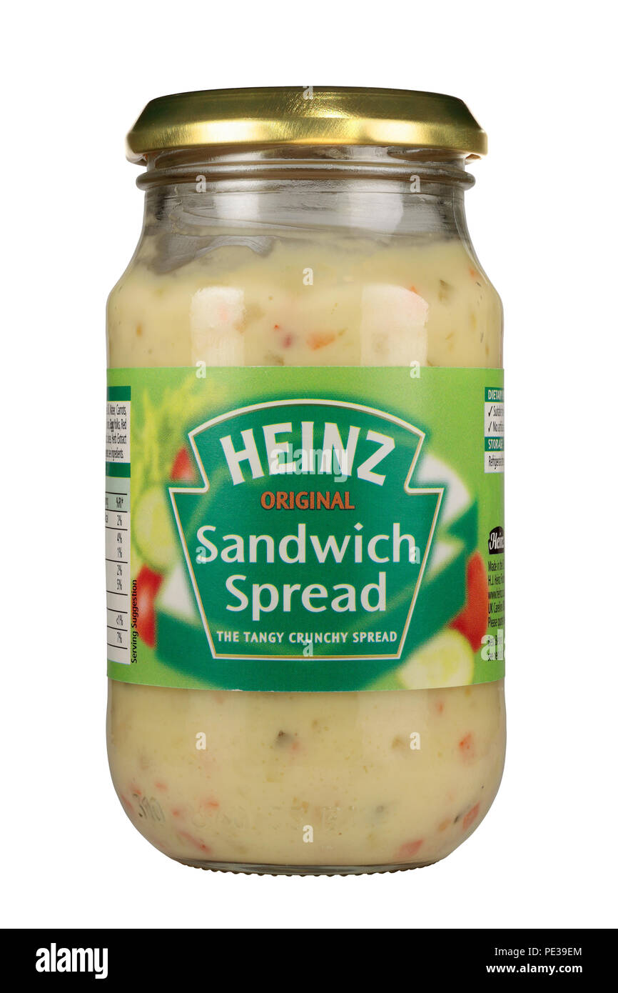 Ein Glas von Heinz Sandwich Spread isoliert auf weißem Hintergrund Stockfoto