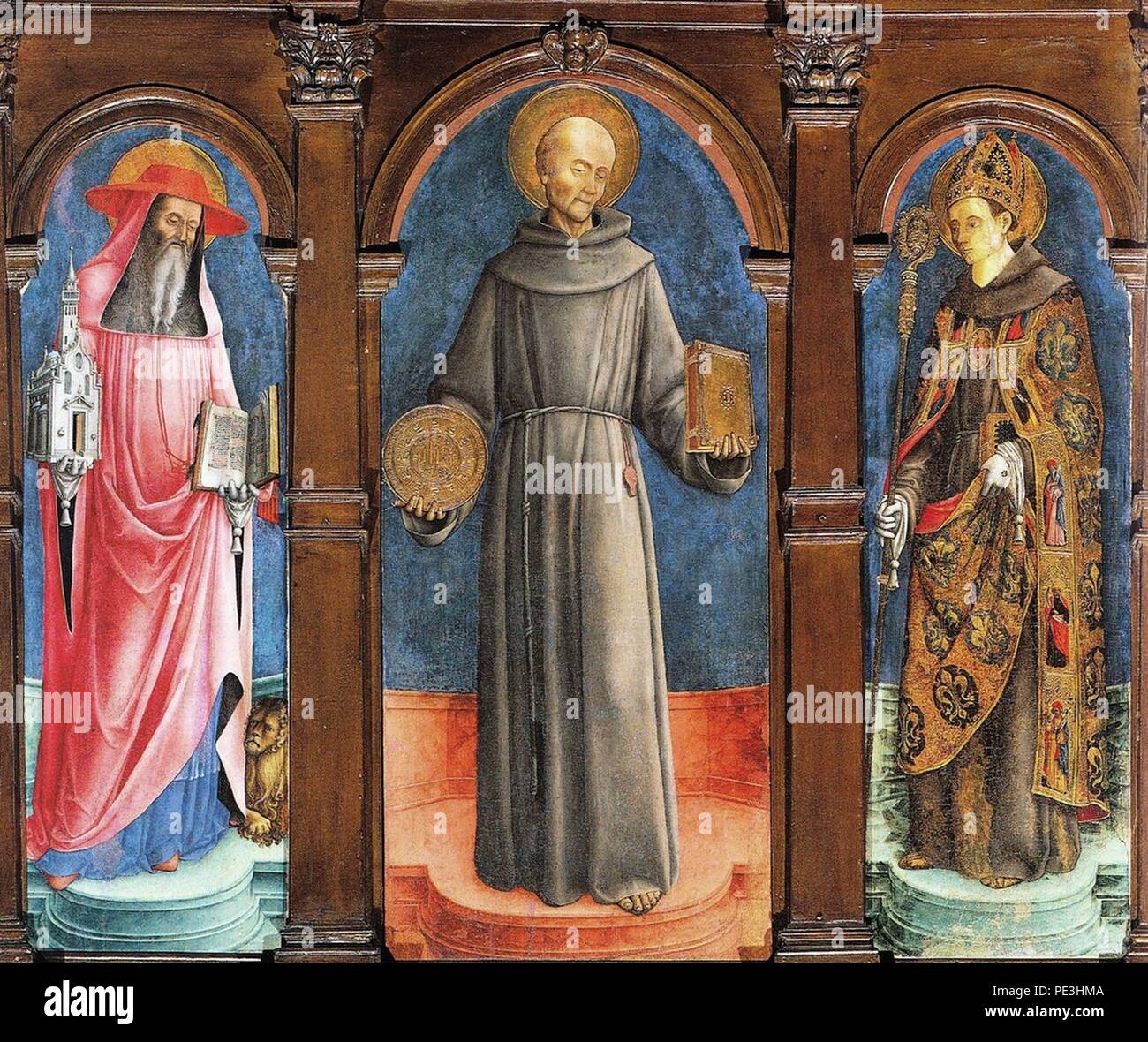 Antonio Vivarini-I Santi Girolamo, Bernardino da Siena e Ludovico Di Tolosa - Chiesa San Francesco della Vigna, Venezia. Stockfoto