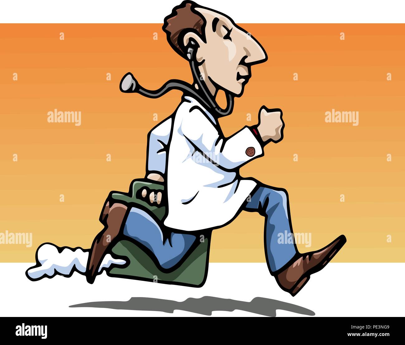 Cartoon Stil Abbildung: Eine lustige, Arzt, das Tragen eines Jungtieren, holt seine Arbeiten Tasche. Ein Stethoskop an seiner Ohren. Orange backgro Stock Vektor