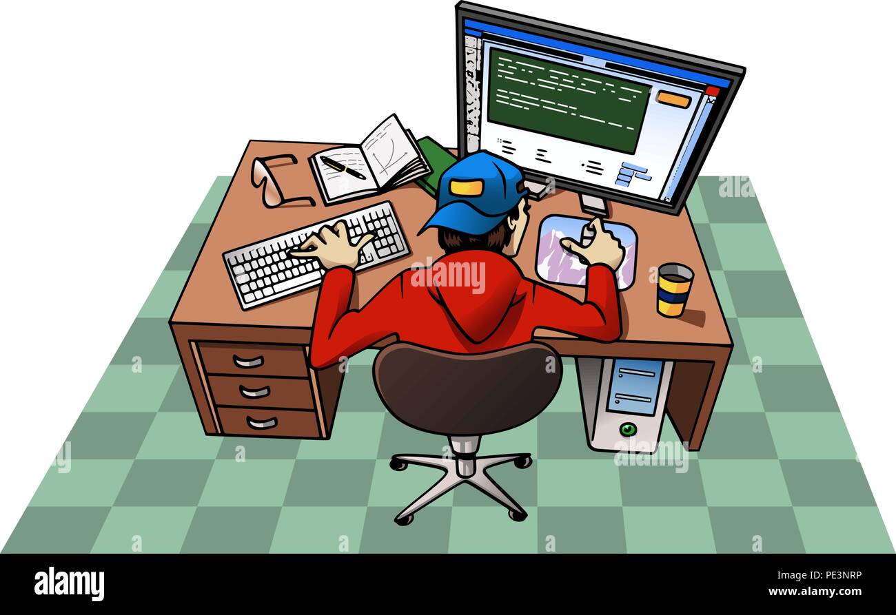 Cartoon Illustration - Junger Mann an seinem Computer arbeiten Stock Vektor