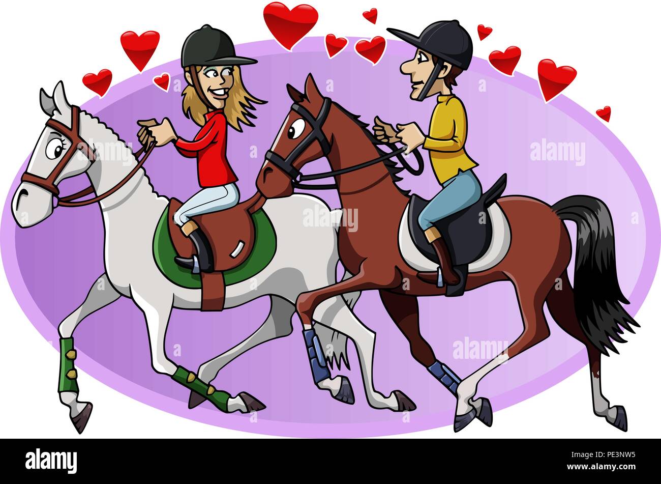 Zwei junge Liebende reiten ihre Pferde Cartoon-Stil Stock Vektor