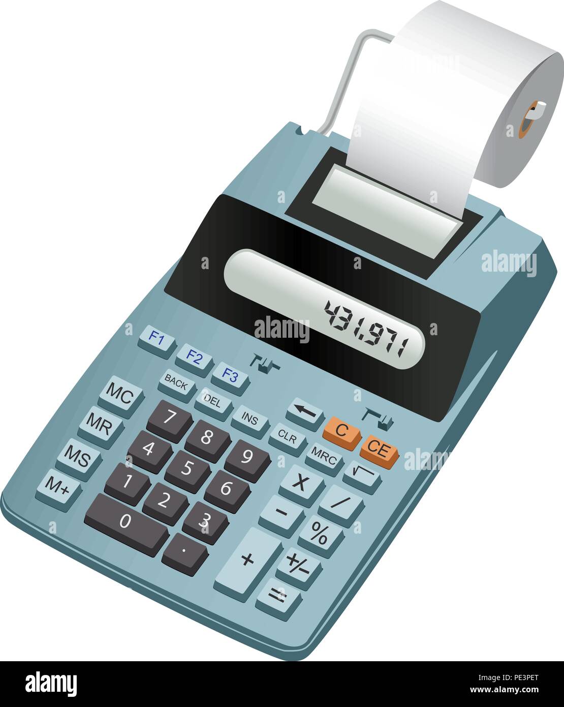 Realistische Abbildung eines elektronischen Taschenrechner mit Papierrolle.  Auf weiß Isoliert Stock-Vektorgrafik - Alamy