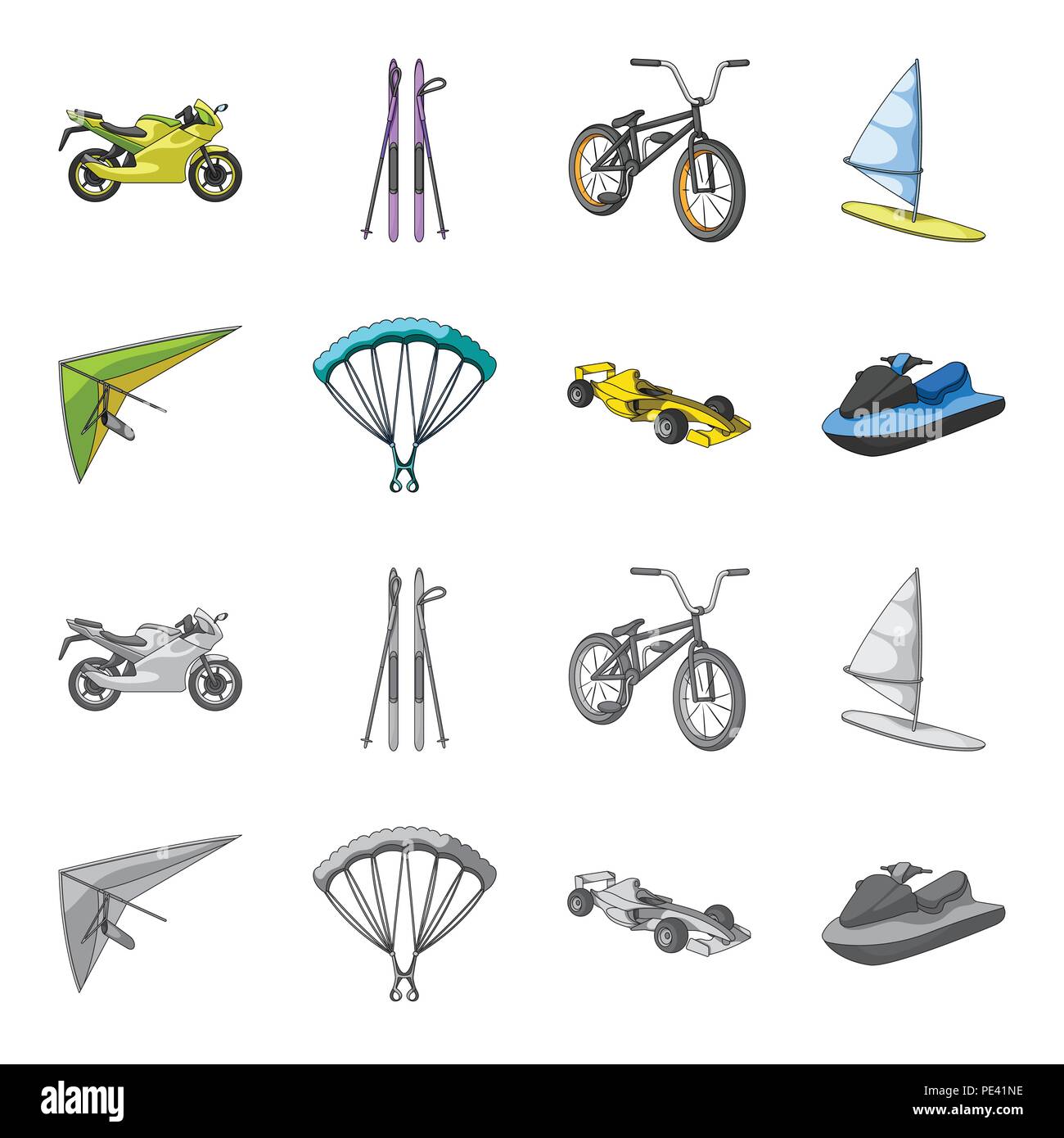 Hängegleiter, Fallschirm, Rennwagen, Wasser-scooter. Extreme Sport Set Sammlung Icons im Cartoon, Schwarzweiß-Stil vektor Symbol lieferbar Abbildung. Stock Vektor