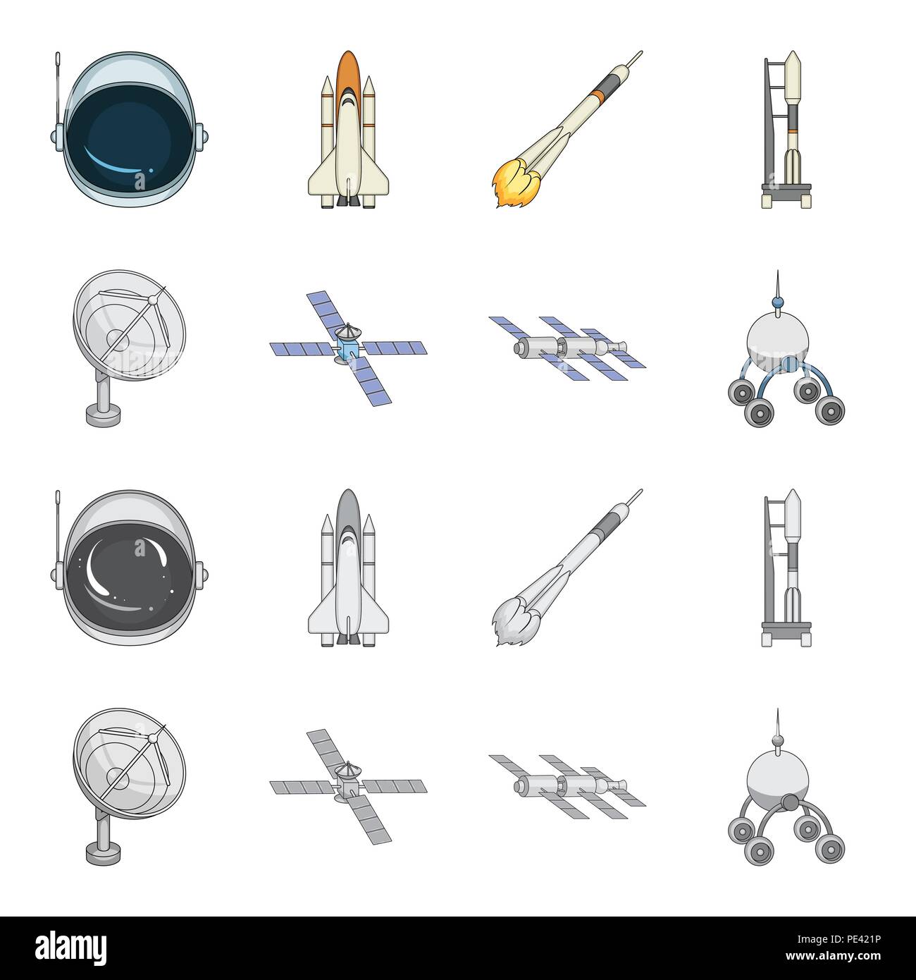 Radio Radar, Docking im Raum Raumfahrzeuge, lunokhod. Space Technology set Sammlung Icons im Cartoon, Schwarzweiß-Stil vektor Symbol lieferbar Abbildung: Stock Vektor
