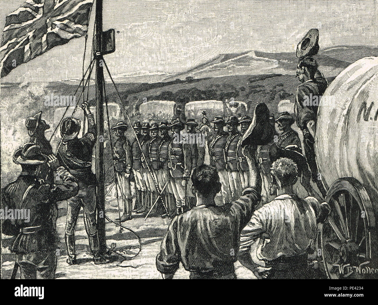 Der Pionier Spalte in Mashonaland im Jahre 1890. Eine Kraft von Cecil Rhodes' British South Africa Company auf dem Gebiet von Mashonaland zu Anhang, später Teil der Südrhodesien, jetzt Simbabwe. Stockfoto