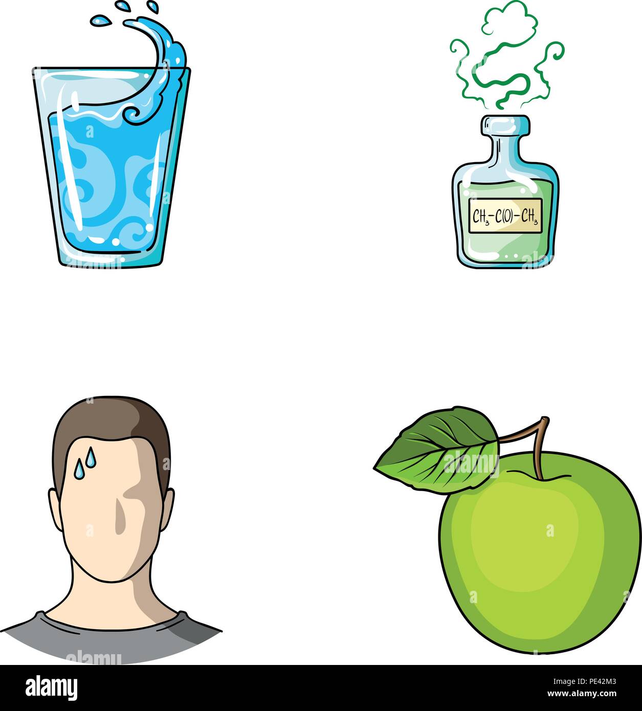 Ein Glas Wasser, eine Flasche Alkohol, ein Schwitzen Mann, ein Apple. Diabeth set Sammlung Icons im Comic-stil Vektor Symbol lieferbar Abbildung. Stock Vektor