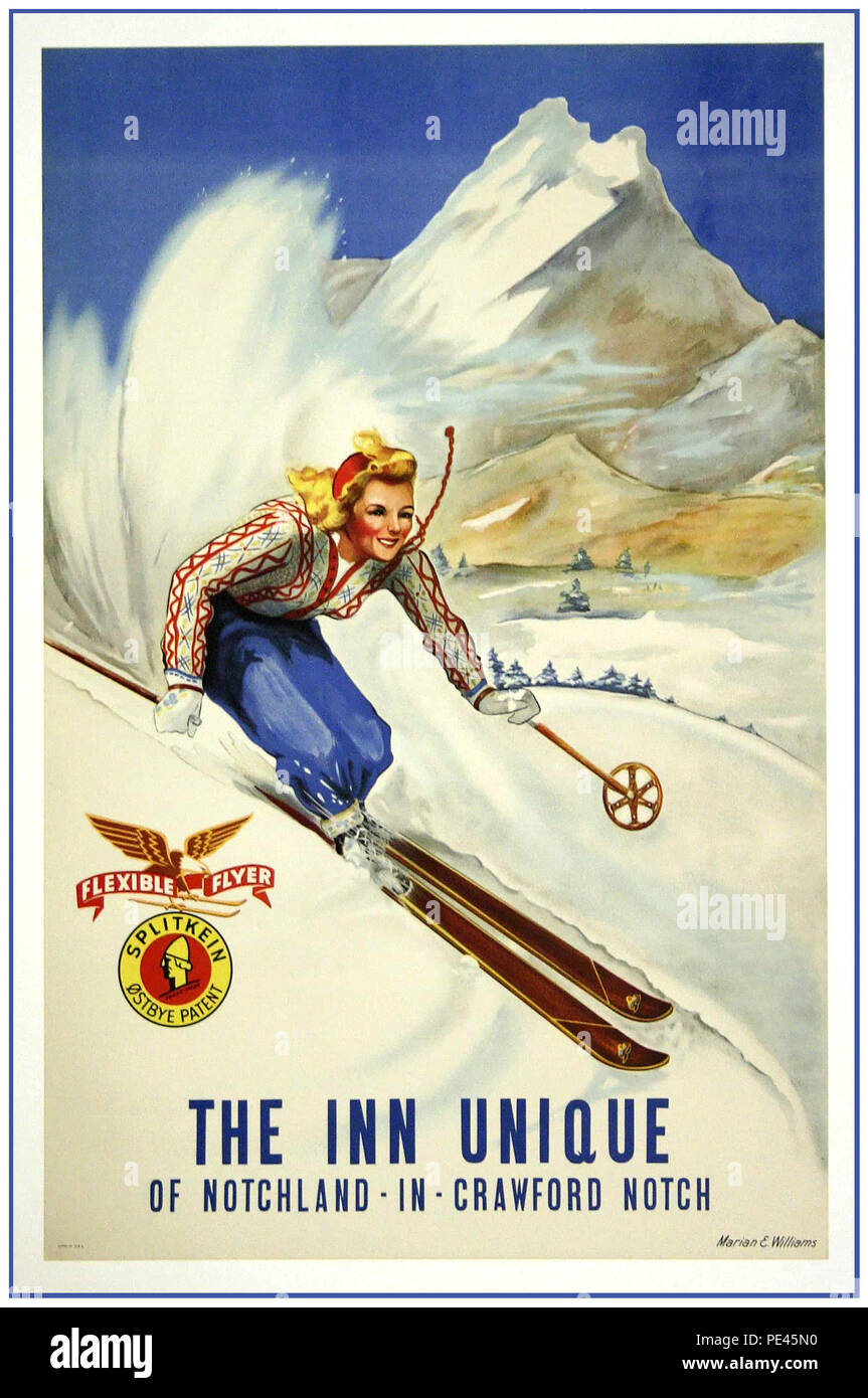 Jahrgang Ski Travel Poster USA Das Inn einzigartigen Notchland im Crawford Notch. Jahrgang Ski/Reisen Tourismus Plakat für "Inn einzigartig" von notchland im Crawford Notch New Hampshire USA. Stockfoto