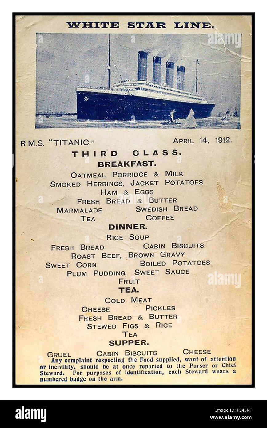 TITANIC MENÜ DER DRITTEN KLASSE RMS Titanic Menü letzte Frühstück/Abendessen/Tee/Abendmenü für Passagiere der dritten Klasse April 14th 1912 der schicksalhafte tragische Tag, an dem RMS Titanic einen Eisberg traf und zusammen mit rund 1800 Passagieren, die ihr Leben verloren, sank Stockfoto