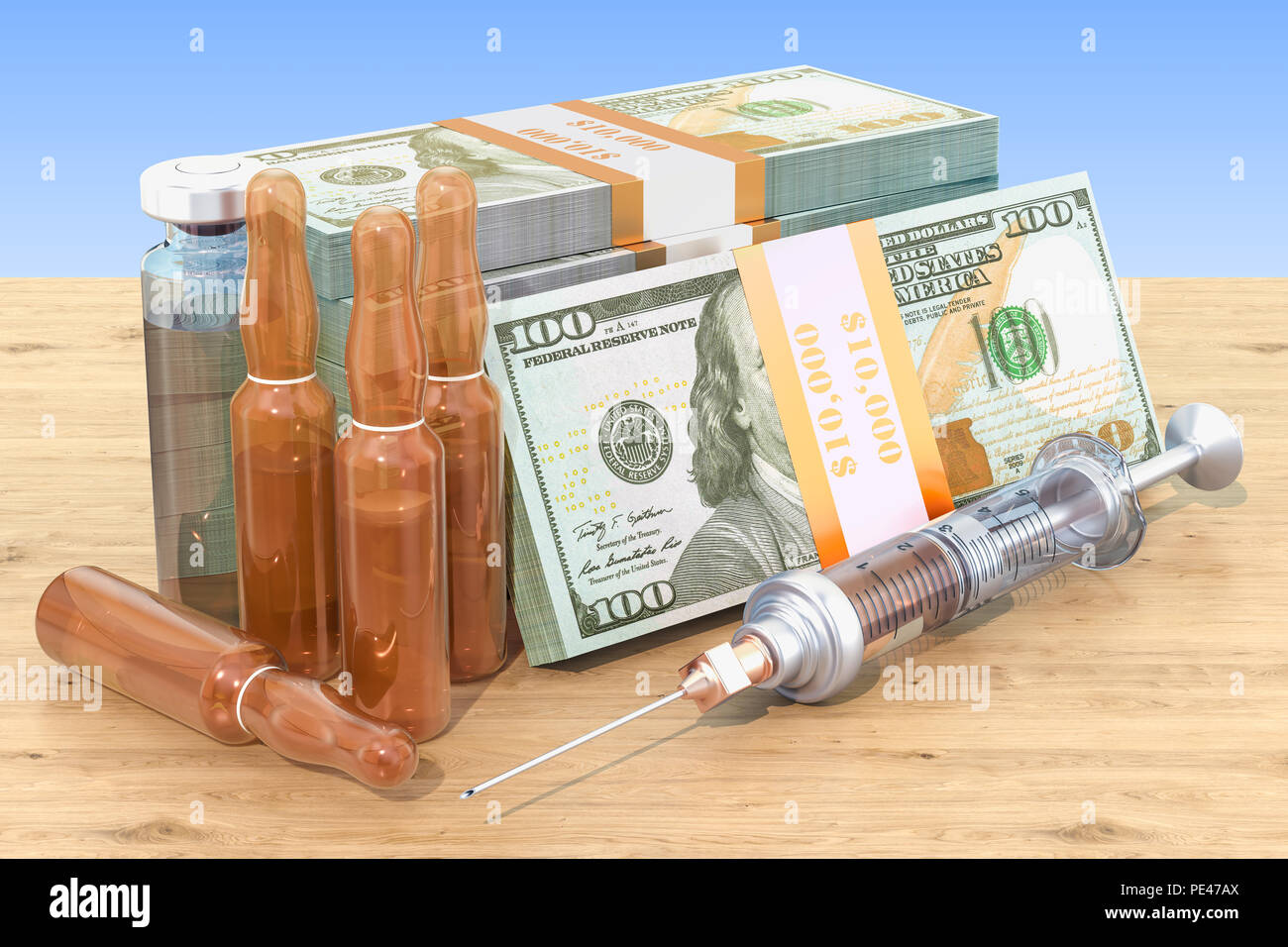 Kosten für Medikamente und Impfstoffe Konzept. Drogen und Dollar Packs. 3D-Rendering Stockfoto