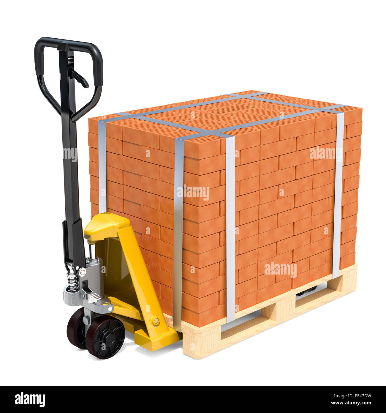 Gabelhubwagen mit Stapeln von Ziegelsteinen, 3D-Rendering auf weißem Hintergrund Stockfoto