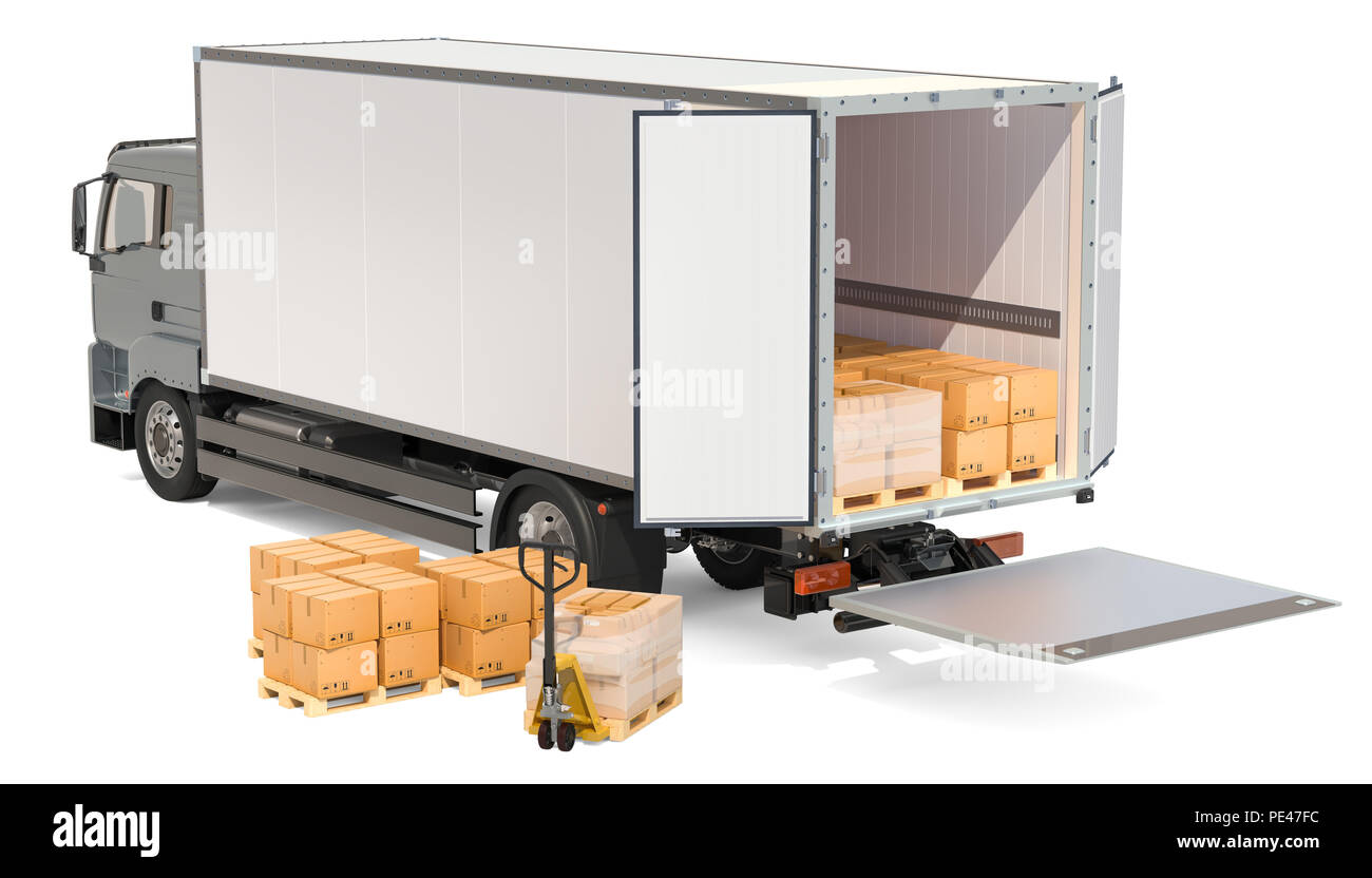 Stapler mit Paketen und Handhubwagen mit Kartons. Güterverkehr, Lieferung Konzept. 3D-Rendering auf weißem Hintergrund Stockfoto